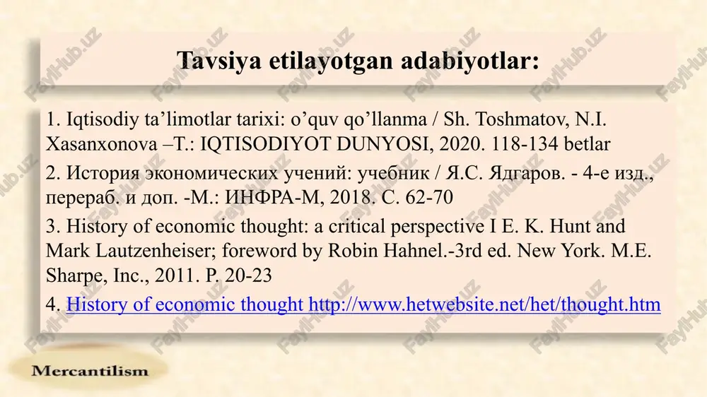 antirilgan. fransiyada merkantilizm «kolbertizm» (jan-batist kolber, fransuz moliya vaziri) germaniyada esa «kameralizm» (qirol palatasining nemischa nomi) nomi bilan mashhur. merkantilizm taʼlimoti ushbu guruh amaliyotchilar tomonidan yozilgan turli broshyuralar, tadqiqotlar va traktatlar asosida rivojlangan. merkantilizmning rivojlanish bosqichlari bullionizm – mamlakat boyligini qimmatbaho metallar miqdori orqali ifodalash. bullionistlar – bullionistlar bu ilk merkantilizmning sodda shakli. bullionistlar qogʼoz pullarni oltinga erkin almashtirish tarafdorlari merkantilizmning ingliz-golland va fransuz-nemis yoʼnalishlari savdo orqali boyish va davlat oʼrtasidagi oʼzaro bogʼliqlikni tan olishdi: savdoning rivojlanishi katta daromad va davlat hokimiyatini anglatgan davlat foydali savdo yoʼllarini taʼminlagan va savdogarlar uchun monopoliya huquqini bergan. angliyada merkantilizm taʼlimotining rivojlanish bosqichlari: «bullionizm» - 1580-1620 yillar «anʼanaviy» - 1620-1700 yillar «liberal» - 1680-1750 yillar fransiyada kolbertizm 1660-1750 yillar oraligʼi germaniyada kameralizm 1560-1750 yillar, neokameralistlar orqali esa 1800 yillarga qadar merkantilizm taʼlimotining shaklanish shart-sharoitlari feodal tuzumning yemirilishi tovar-pul munosabatlarining oʼsishi fan va madaniyatning rivoji yangi yerlarning ochilishi, buyuk geografik kashfiyotlar mustamlakachilik tizimining paydo boʼlishi …