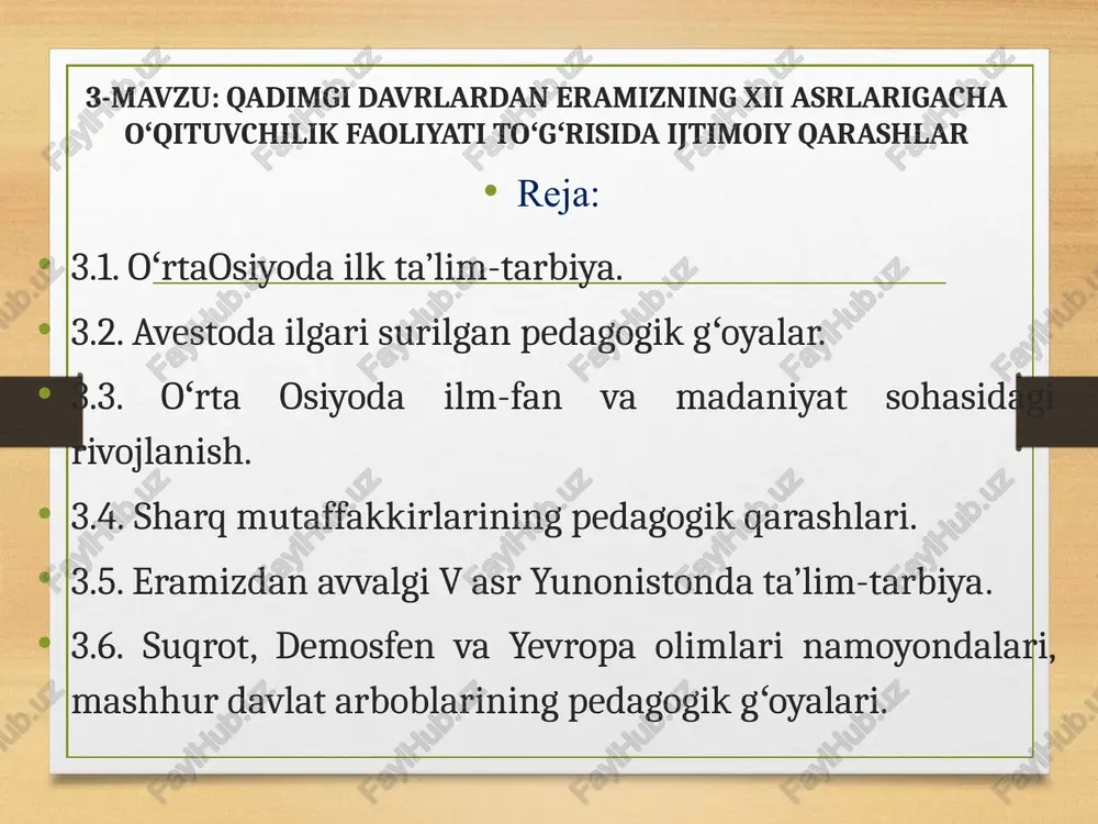 ing olijanob mevasi sifatida bizning davrimizgacha etib keldi. shu sababli mudarrislar savodli madrasa toliblari orasidan tanlangan va ma’lum muddat tayyorgarlikdan oʻtishgan. markaziy osiyoning xorazm zaminida shakllangan eng qadimiy va “oʻtmishdagi dinlarning eng kuchlilaridan boʻlgan ” (yu.a.rappoport) zardushtiylik dinining muqaddas kitobi “avesto”da bolalar ta’limtarbiyasiga oid qiziqarli ma’lumotlar berilgan. “avesto”da ta’kidlanadiki, bilim va tarbiya hayotning eng muhim tirgagi boʻlib hisoblanadi. har bir yoshni shunday tarbiyalash zarurki, u avvalo yozishni oʻrganish asosida bilim olishi kerak, soʻngra esa odob-axloqi bilan eng yuksak pogʻonaga koʻtarilsin. kohin muallimlari oqsoqollar kengashi tomonidan tanlanib, qat’iy belgilangan qoidalar asosida yoshlarga ta’lim va tarbiya berishgan. avestoda ilgari surilgan pedagogik gʻoyalar kohin muallimlari. marosimdan soʻng muallimlar bolalarga sovgʻalar ulashishgan. muallimlar mashgʻulotlar jarayonida bolalarga nisbatan jismoniy jazodan koʻra koʻproq oʻz diniga ishonch va e’tiqodni, dunyodagi barcha yaxshilik va ezguliklarning bunyodkori, ilohiy axuramazdaga sigʻinishni, odamlar boshiga yovuzlik va yomonliklarni yogʻdiruvchi axrimandan esa nafratlanish hissini tarbiyalar edilar. zardushtiylik dini ta’limotida ilgari surilgani umuminsoniy qadriyatlar …