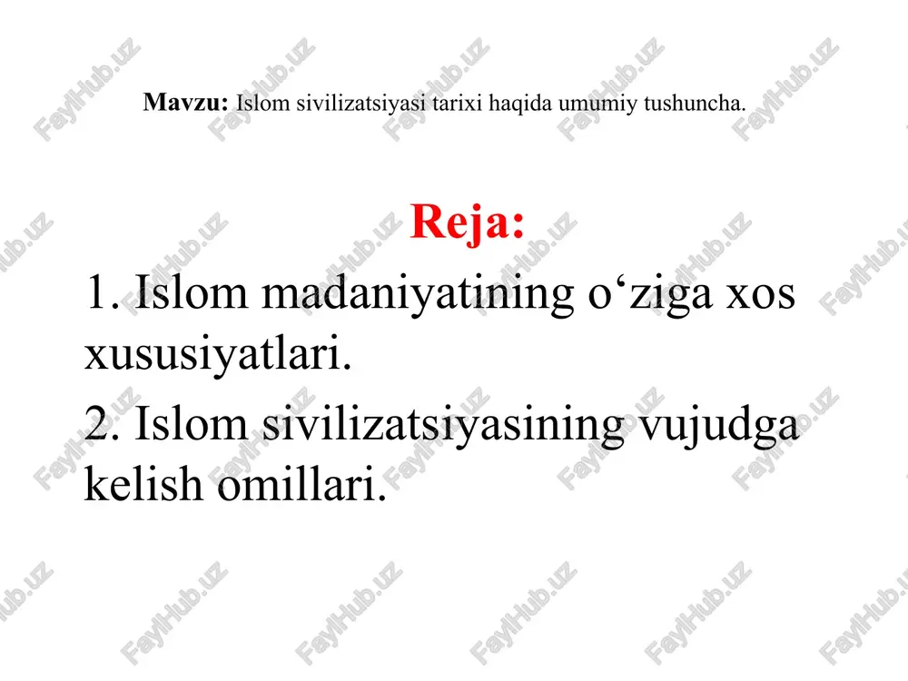 rga ega edilar islom tarixi va sivilizatsiyasini o‘rganish va quyidagi davrlarga ajratib o‘rganish mumkin: islomgacha, ilk islom, umaviylar, birinchi va ikkinchi abbosiylar, ispan-arab madanyati, fors va zamonaviy davrlar. islomning birinchi to‘rt asrida, turli madaniyatlarning sintezi yoki gomogenlashuvining (yunoncha ὁmogénįs - bir hil) guvohi bo‘lmay, aksincha, ularning musulmon urf odatlari va qadriyatlariga qorishib, singib ketishiga guvoh bo‘lamiz. islom g‘arb sivilizatsiyasi uchun yunon – rum madaniy shakllari hamda yanada mukammallashgan ilmlarni yetkazib beruvchi vazifasini o‘tadi. islom sivilizatsiyasidagi ulkan imliy meros keyinchalik yevropa tomonidan o‘zlashtirildi hamda yevropa renessans davrini shakllantiruvchi asosiy omillardan bo‘lib xizmat qildi. umaviylar davrida (661-750) yozilgan arablarning o‘ziga xos turmush tarzi yarim orolda keng tarqalgan oddiy ko‘chmanchilik hayot tarzi bilan bog‘liq bo`lgan. gretsiya bilan o‘rnatilgan aloqalar samarasi o‘laroq musiqa san’atining rivojiga katta turtki berdi, aslida ulardagi bu qobiliyat nasr va she’r o‘qish bilan birga taraqqiy etgan edi. endi, bu holat islomdan avvalgi arab qabilalarida ham an’anaga aylangani hech kimga sir …