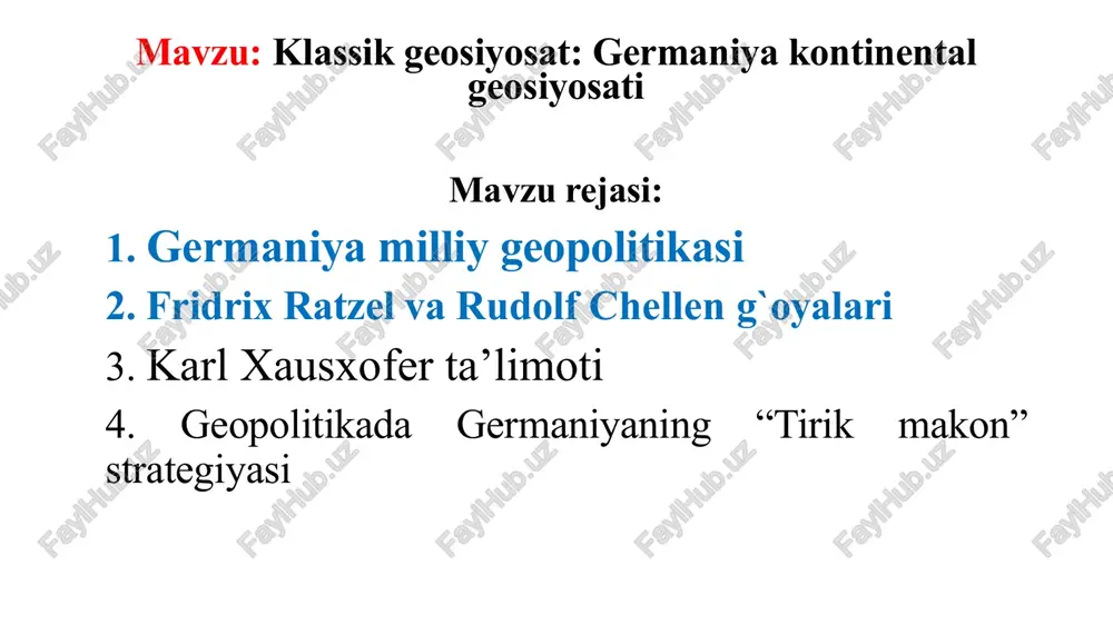 rivojlandi. birinchi yoʻnalishi - millatchilik nemislarning milliy noroziligidan kelib chiqqan, bu ularning mustamlaka imperiyalarini yaratish jarayonidan chetlatilganligi va birinchi jahon urushidagi mag'lubiyatidan iborat edi. ikkinchi yoʻnalishi – internatsionalistik, soʻlchi, sotsial-demokratik – g. graf, k. vitfogel va boshqa islohotchi marksizm tarafdorlari asarlarida oʻz timsolini topdi. uning maqsadi tarixiy materializmni geografik determinizm bilan toʻldirish, odamlar va davlatlar oʻrtasidagi iqtisodiy va siyosiy munosabatlarni tabiat, yer va tuproq bilan “bogʻlash” edi. geografiyaning rivojlanishi bilan hamma joyda geografik milliy ong, xususan, kosmos, inson va makon munosabatlari haqidagi tasavvurlar shakllanadi. bu sohada kashfiyotlar nemis geograflari karl ritter (1799-1859) va fridrix ratsel (1844-1904) edi. k. ritter asarlari yevropada, jumladan, rossiyada geografiya fanining rivojlanishiga katta ta’sir ko‘rsatdi. uning shogirdi va izdoshi p.p. semenov-tyan-shanskiy ritter g'oyalarini rossiya geografiya jamiyatida, uning ma'ruzalari va asarlari nashrlarida ommalashtirdi. barcha klassik geosiyosatchilar ritter asarlari bilan yaxshi tanish edilar va uni geosiyosatning peshqadamlaridan biri deb bilishgan. xususan, ritterning usuli va uning "tuproq va qon" …