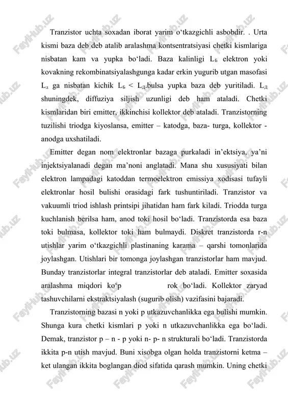 ktronlar xarakati bilan ham boglik. kollektorda esa tok fakat kovaklar xarakati tufayli vujudga keladi. shu sababli emitterning samadorligi ( =ier / ier+ ien orqali aniklanadi. bu yerda ier - kovaklar xarakati tufayli hosil bulgan emitter toki; ien -. elektronlar xarakati tufayli hosil bulgan emitter toki. emitterning bazaga injektsiyalangan (purkalgan) bir kism kovaklar bazadan asosiy zaryad tashuvchilar – elektronlar bilan rekombinatsiyalanadi. baza orqali o‘tib boruvchi kovaklar, baza uchun asosiy bo‘lmagan tok tashuvchi zarrachalar xisoblanadi. kuyidagi ( = ik- ikbt./ ier nisbat bilan aniklanadigan kattalik baza orqali utuvchi asosiy bo‘lmagan zaryad tushuvchilarni utkazish koefftsenti deb yuritiladi.emitterning samaradorligi va utkazish koeffitsiyenti tranzistor katta signal bilan ishlagandagi tok uzatish koefftsenti.h21b. ni belgilaydi. bu koeffitsent h21b= eq \f(ik- ikbt;ier) = -((( da teng. kollektorga kirib keluvchi tok yo‘nalishi musbat yo‘nalishi musbat yunalish deb qabul qilinganligidan «minus» ishora quyiladi. h21b koeffitsiyenti tranzistorning muxim parametrlaridan biri xisoblanib sifatli tayorlangan tranzistorlarda birga yakin bo‘ladi. tranzistorni zanjirga ulash umumiy …