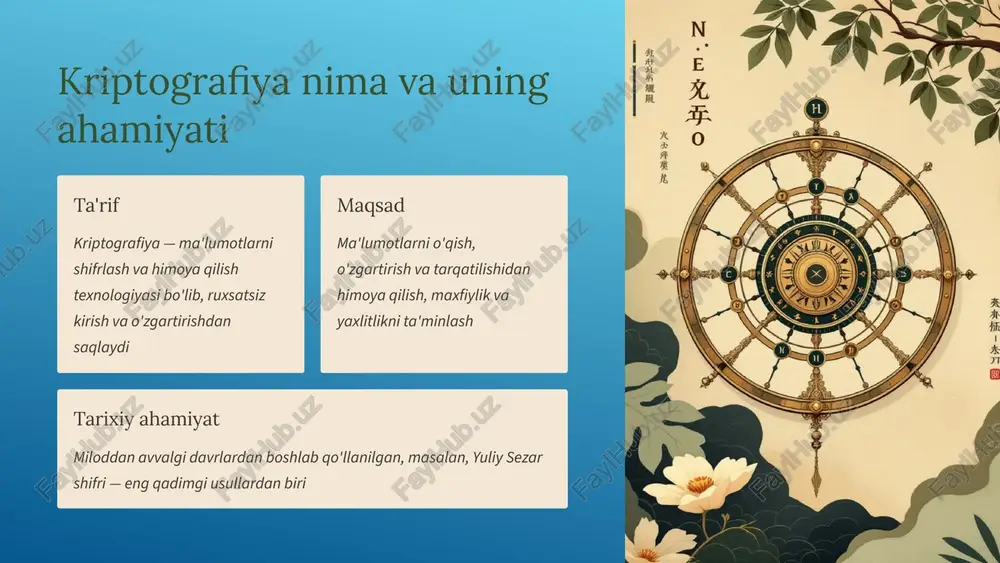 lik darajasini ta'minlaydi va ishonchli aloqa o'rnatadi 6 kriptografiyaning amaliy qo'llanilishi bank tranzaksiyalari to'lov tizimlari va moliyaviy operatsiyalarda ma'lumotlarni himoya qilish uchun ishlatiladi onlayn muloqot telegram, whatsapp kabi messenjerlarda skvoznoe shifrlash orqali xavfsiz muloqot davlat ma'lumotlari harbiy va davlat ma'lumotlarini himoya qilishda eng yuqori darajadagi shifrlash qo'llaniladi 7 kriptografik himoya vositalarining turlari 01 dasturiy vositalar kriptopro csp kabi alohida o'rnatiladigan dasturlar. moslashuvchan va oson yangilanadi 02 qurilma vositalari rutoken, jacarta se kabi qurilmaga o'rnatilgan vositalar. yuqori xavfsizlik va mustaqil ishlash 03 gibrid yechimlar dasturiy va qurilma vositalarni birlashtirgan kompleks tizimlar. optimal xavfsizlik va qulaylik 8 kriptografik himoyaning cheklovlari va muammolari kalitlar boshqaruvi kalitlarni tarqatish, saqlash va yangilashda yuzaga keladigan murakkabliklar va xavfsizlik muammolari tizim resurslari shifrlash jarayonining kompyuter resurslariga sezilarli ta'siri va tizim ishlashini sekinlashtirishi murakkablik masalalari to'liq shifrlashda tizimning sekinlashishi, foydalanuvchilar uchun qo'shimcha murakkablik 9 image1.png image2.png image3.png image4.png image5.png image6.png image7.png image8.png image9.png image10.png image11.png image12.png image13.png image14.png …