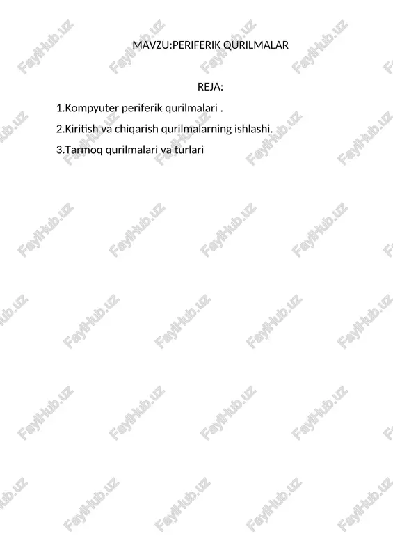 ozu, vinchester, protsessor,..) umumiy holda uning ichiga kirib ketadi. qolgan barcha qurilmalar periferik qurilmalardir. periferik qurilmalarning soni ko'pligi uchun, ularni bir necha guruhlarga bo'lib o'rganiladi. bu maqolamda ularning ba'zilarini qaysi guruhlarga kirishini yozib o'taman, qolgan qurilmalarni o'zingiz biroz o'ylagan holda, kerakli guruhga kiritib olishingiz mumkin, demak bu guruhlar quyidagilar: kiritish qurilmalari. bu qurilmalar biror narsa(rasm, yozuv, komanda, video, ovoz)larni kompyuterga kiritish uchun ishlatiladi. klaviaturani xam shu guruhga kiritish mumkin, lekin u periferik qurilma emasda. bu guruhga quyidagi qurilmalar misol bo'la oladi: trekbol, skaner, raqamli fotoapparat, kodlovchi qurilma, shtrix-kodlarni o'quchi qurilmalar, mikrofon,… chiqarish qurilmalari. biror narsa(rasm, matn, ovoz,..)ni kompyuterdan chiqarish uchun ishlatiladi. bu guruhga quyidagilar misol bo'la oladi: printer, plotter, naushnik, kolonka, sambufer,… saqlash qurilmalari. bu qurilmalar ma'lumotlarni saqlash uchun ishlatiladi. vinchester, kompyuter ichida joylashgani va asosiy qurilmasi bo'lgani uchun periferik qurilmaga kirmaydi. bu guruhga quyidagilar misol bo'la oladi: qo'shimcha qattiq disklar, cd-dvd disklar, fleshkalar, floppi disketalar, disk massivlari,… tarmoq qurilmalari. …