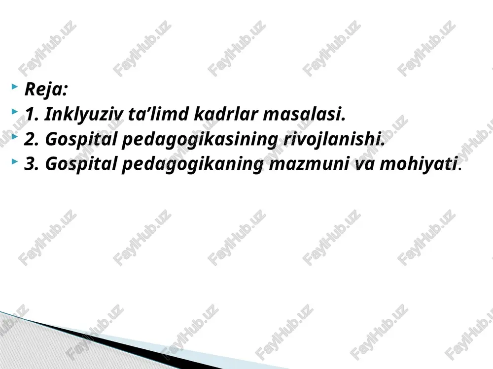 lash bo‘yicha ota-onalarga maslahatlar beradi, inklyuziv ta’lim muassasasining pedagogik hodimlariga psixologik rivojlantirish masalalarida metodik yordam ko‘rsatadi. inklyuziv ta’limda resurs pedagog va uning vazifalari. maxsus ehtiyojli bolalarni umumta’lim sharoitida o‘qitish maktablararo qatnab yuruvchi o‘qituvchi, ya’ni, resurs o‘qituvchi faoliyatini talab etadi. inklyuziv ta’lim amaliyotda maktablararo qatnab yuruvchi o‘qituvchi va oddiy sinf o‘qituvchisining hamjihatlikdagi harakatlari orqali amalga oshirilishi mumkin. resurs o‘qituvchi quyidagi vazifalarni amalga oshiradi: har bir o‘quvchini qaysi darajadagi yordamga muhtojligini aniqlash va ularning ehtiyojlaridan kelib chiqqan holda muntazam ravishda ular bilan uchrashish. o‘quvchilar bilan yakka tartibda ishlash, individual rejalardan kelib chiqqan holda ularni kuzatish, o‘quv dasturiga moslashishiga yordam berish, o‘qitish va baholash. sinf o‘qituvchilariga o‘quvchilarning maxsus ehtiyojlari va qobiliyatlariga oid ma’lumotlarni berish. sinf o‘qituvchilarini individual o‘quv rejalari bilan tanishtirish va ular bo‘yicha maslahatlar berish. ijtimoiy pedagog – ijtimoiy ishchi vazifalari bolani rivojlanishi uchun qulay bo‘lgan muhitni tashkil qilish; bola huquqini himoyalash qoidalariga rioya qilish; bolani hayotiy ko‘nikmasi, qobiliyatini, ta’lim olishi, sog‘liqni …