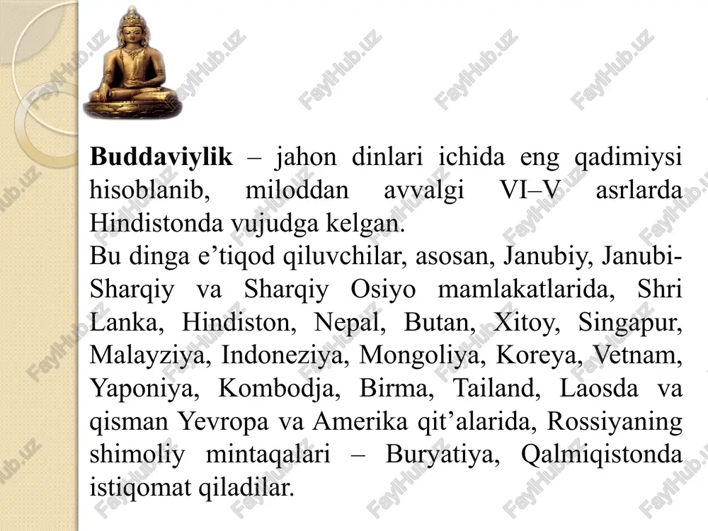 oqqa sidxartxa (topshiriqni bajaruvchi) deb nom qo`yganlar; u 7 kundan keyin yurib ketgan va gapira boshlagan. sidxartxaning otasi o`g`lini din yo`liga bag`ishlashga rozi bo`lmay, unga yaxshi ma`lumot bergan hamda yaxshi sharoitlarda tarbiyalagan va u hech qanday qiyinchilik ko`rmay o`sgan; o`spirinligidayoq o`zining donoligi, kuchliligi va epchilligi bilan hammani hayratga solar ekan. u bir cholga duch kelgan, kasal yotgan kishini, o`likni ko`rgandan so`ng hayotning mohiyati, maqsadi, og`irliklari, kasallik va o`lim haqida o`ylay boshlagan. binobarin, hayotning behudaligini anglab, tarki dunyo qilgan, darvesh yo`liga kirgan; bu bilan u go`yo kishilar boshiga tushadigan kulfatlar, azob-uqubatlar sabablarining mohiyatiga tezroq yetib, ulardan qutulish yo`lini topmoqchi bo`lgan. nihoyat, 36 yoshida “haqiqiy bilim” ni topganligini e`lon qilgan. shundan so`ng u budda deb nom olgan (“budda” so`zi ilohiy haqiqatga erishgan, degan ma`noni anglatadi). shu tariqa u 4 ta ulug`vor haqiqat siri ochilgan, ular buddiylik ta`limotiga asos qilib olingan. buddiylik diniy ta`limotining asosiy manbai muqaddas kitob - “tipitaka” (uch savat donolik) …