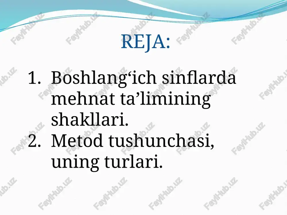 mni tashkil etish usuli o’quv ishini tashkil etish usuli sinf ishi sinfdan tashqari ish ma’ruza amaliy mashg’ulot laboratoriya mashg’uloti mustaqil ish ommaviy jamoaviy guruxlarda ishlash yakka tartibda 11 ta’limning tashkiliy shakllari frontal guruhlarda yakka tartibda tasodifiy ixtiyoriy majburiy guruhlarni shakllantirish yo'llari kichik guruhlarda juftlikda guruhlararo ta’limning tashkiliy shakllari 16/03/2019 11 ta’lim shakllarini tanlash ta’lim maqsadlari o’qitish usullari ta’lim jarayoniga ajratilgan vaqt metod (usul) ta’lim berish usuli yunoncha so’zdan olingan bo’lib, “metodos”- biror narsaga yo’l ma’nosini anglatadi belgilangan ta’lim berish maqsadiga erishish bo’yicha ta’lim beruvchi va ta’lim oluvchilar o’zaro faoliyatini tartibli tashkil etish yo’li metod tushunchasiga ta’rif bering (5 ilova) usullarni tanlashning asosiy qoidasi usullarga qo’yiladgan asosiy talab usul samaradorligining asosiy mezoni turlicha emas ta’lim berish maqsadiga mos kelishi natija beradigan, faqat bittasini qo’llash belgilangan vazifani hal etish uchun uni qo’llashning mosligi va tejamkorligi o‘quv jarayonini takomillashtirish, o‘qitishning yangi shakl hamda metodlarini tatbiq qilish - qiziqishni oshirishga, darsning samaradorligini kuchaytirishga, bilish …