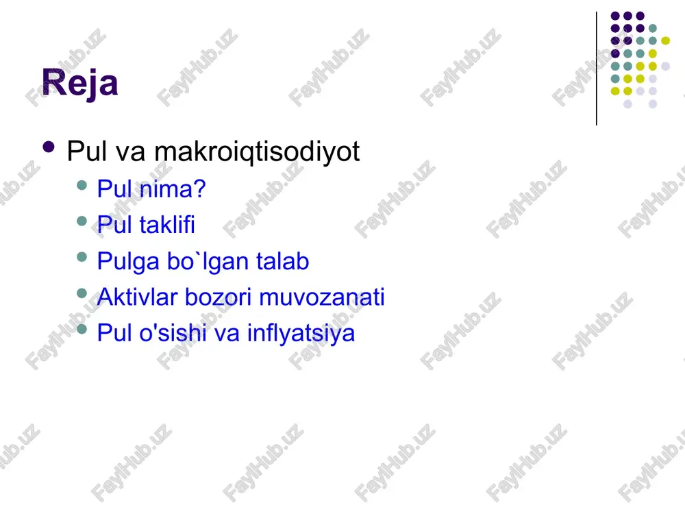 maxsus xususiyatga, ya’ni likvidlilik xususiyatiga ega bo’lganligi uchun ham ideal vosita hisoblanadi ayirboshlash kengayishi bilan kredit pullar deb ataluvchi veksellar, banknotlar, cheklar, sertifikatlar va hakozolar paydo bo’la boshladi. ular tovar ayirboshlashni, ya’ni oldi – sotdi jarayonini yengillashtirish, tezlashtirish va ixchamlashtirishga xizmat qiladi. pulning vazifalari odatda pulning uch asosiy funktsiyasi mavjud deb qaraladi. to’lov vositasi (almashinuv vositasi) qiymat o’lchovi vositasi jamg’arish ( boylik to’plash) vositasi. pulning vazifalari ayirboshlash vositasi ikki tomonlama ayirboshlash qiyin bo'lganda pul almashinuvni osonlashtiradi. qiymat o’lchovi vositasi qiymat o’lchovi sifatida pullar tovarlar bahosini ifodalaydi va turli tovarlar qiymatini taqqoslash imkonini beradi jamg’arish ( boylik to’plash) vositasi agar pul jamg`arilsa, sarf-xarajatni bir davrdan boshqasiga o'tkazishim mumkin pulning vazifalari ayirboshlash vositasi umumiy ekvivalentlilik, yuqori likvidlilik xususiyatlari pulni ideal to’lov vositasiga aylantiradi. hozirgi zamon iqtisodiyotida to’lovlar uch yo’l bilan amalgam oshiriladi: 1) naqd pul to’lovi; 2) bankdagi hisobvaraqlarda yozuv orqali, ya’ni naqd bo’lmagan pul ko’chirish orqali; 3) bir shaxsning ikkinchi shaxsga …