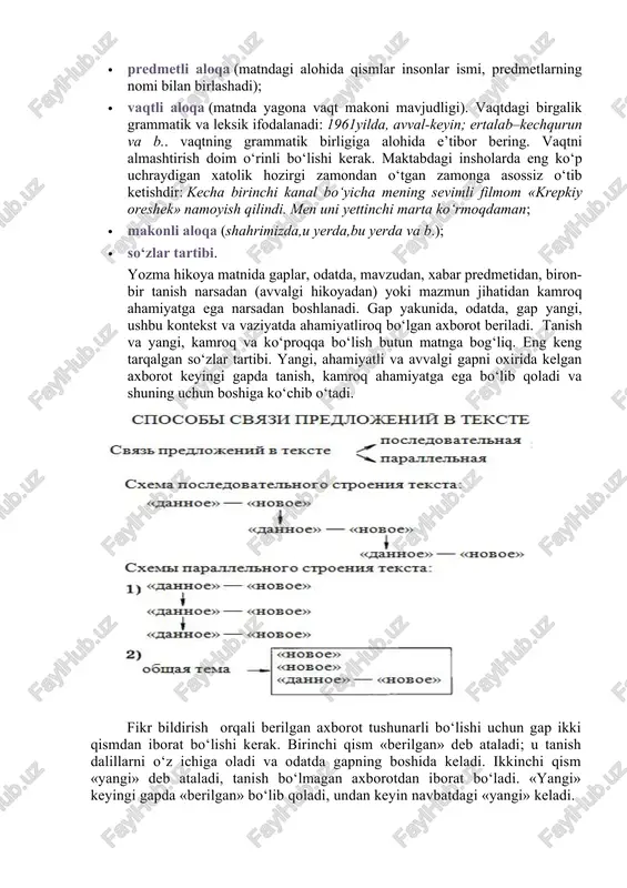 o‘ladi. bir murakkab sintaktik butunlik doirasida har bir keyingi gap avvalgi gapdan kelib chiqqan savolga javob beradi. keyingi gapga savol berib bo‘lmaslik murakkab sintaktik butunlik tugaganini anglatadi. 4. matnda hamma narsa o‘zaro bog‘langan, hattoki murakkab sintaktik butunlik va undagi alohida gaplar ham. jumlalararo aloqaning turli vositalari mavjud. asosiylarini sanab o‘tamiz: · predmetli aloqa (matndagi alohida qismlar insonlar ismi, predmetlarning nomi bilan birlashadi); · vaqtli aloqa (matnda yagona vaqt makoni mavjudligi). vaqtdagi birgalik grammatik va leksik ifodalanadi: 1961yilda, avval-keyin; ertalab–kechqurun va b.. vaqtning grammatik birligiga alohida e’tibor bering. vaqtni almashtirish doim o‘rinli bo‘lishi kerak. maktabdagi insholarda eng ko‘p uchraydigan xatolik hozirgi zamondan o‘tgan zamonga asossiz o‘tib ketishdir: kecha birinchi kanal bo‘yicha mening sevimli filmom «krepkiy oreshek» namoyish qilindi. men uni yettinchi marta ko‘rmoqdaman; · makonli aloqa (shahrimizda,u yerda,bu yerda va b.); · so‘zlar tartibi. yozma hikoya matnida gaplar, odatda, mavzudan, xabar predmetidan, biron-bir tanish narsadan (avvalgi hikoyadan) yoki mazmun jihatidan kamroq …