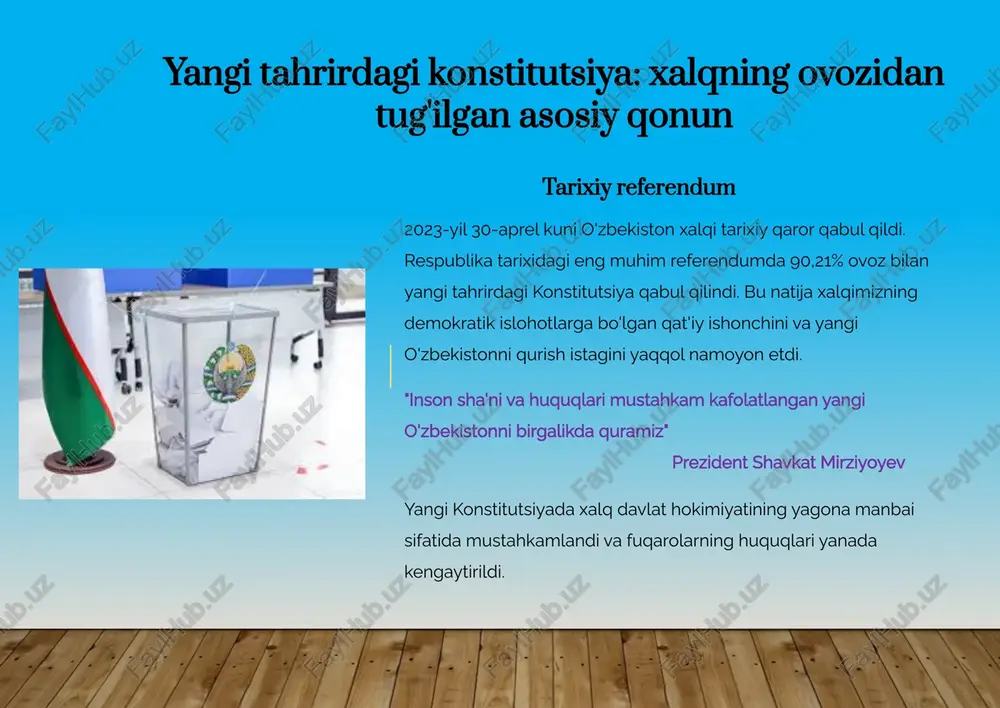 va jamiyatning turli darajalarida ishlaydi. 01 qonuniy himoya barcha huquq va erkinliklar qonun bilan himoyalanadi. hech kim o'z huquqlaridan mahrum etilishi yoki ularni cheklashi mumkin emas, faqat qonunda nazarda tutilgan hollar bundan mustasno. 02 ombudsman instituti inson huquqlari bo'yicha oliy majlis vakili (ombudsman) fuqarolarning huquqlari buzilgan taqdirda ularni himoya qilish va davlat organlariga ta'sir ko'rsatish vakolatiga ega. 03 sud himoyasi har bir fuqaro o'z huquqlari buzilganda sudga murojaat qilish huquqiga ega. sud tizimi mustaqil bo'lib, faqat konstitutsiya va qonunlarga bo'ysunadi. 04 tenglik tamoyili barcha fuqarolar qonun oldida teng. jinsi, irqi, millati, tili, dini, ijtimoiy kelib chiqishidan qat'i nazar, hamma bir xil huquq va imkoniyatlarga ega. muhim: diskriminatsiyaga qarshi kafolatlar konstitutsiyaning asosiy tamoyillaridan biri hisoblanadi va qat'iy qonun bilan himoyalanadi. 4 huquqiy kafolatlarning amaliy mexanizmlari sud tizimi orqali himoya o'zbekistonda mustaqil sud tizimi mavjud bo'lib, u fuqarolarning huquqlarini himoya qilishda muhim rol o'ynaydi. sud jarayonlari ochiq va adolatli tarzda amalga oshiriladi. …