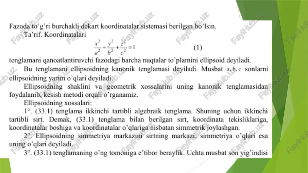 ash ellipsoid oy o’gini ikkita 2,(0,0,0) va 8,(0,~6,0) nugtalarda, 07 o’qini c,(0,0,c) va cx(0,0,~e) nugtalarda kesadi, bu 4,, 42, 8, b,, c,, c, nugtalami ellipsoidning uchlari deyiladi ellipsoid sirtni koordinatalar tekisligi bilan kesishini tekshiraylik. 5°, a) ellipsoidni (xo y) koordinata tekisligi = =0 bilan kessak, kesimda b) sirtni (xoz) tekislik bilan, ya’ni_y=0 tekislik bilan kessak, kesimda (voz) tckisligida yotuveti =1 ellips hosil bo'lad. v) ellipsoid (voz) tekislik bilan kessak, ya'ni x=0 tekislik bilan kessak, kesimda shu 6°. endi ellipsoidni koordinatalar teki tekshiraylik. koordinata teki igiga parallel tekisliklar bilan kesimini igi (voy) ga parallel ==h (1 r) tekislik bilan kesaylik, kesimda (333) a) ~e e yoki h kesishuvehi to’g’ri el b) ~8 0 bo'lib, (34.2) quyidagi ko’rinishni oladi bu esa y'=h tekislikda mavhum o’qi o= ga parallel giperbolani aniglaydi & ¥) i> bo'lsa, 1!" 0, 4>0) 35.1) pog tenglamani qanoatlantiruvehi fazodagi barcha nuqtalarning geometrik o’mi elliptik paraboloid deb aytiladi (35.1) tenglama …