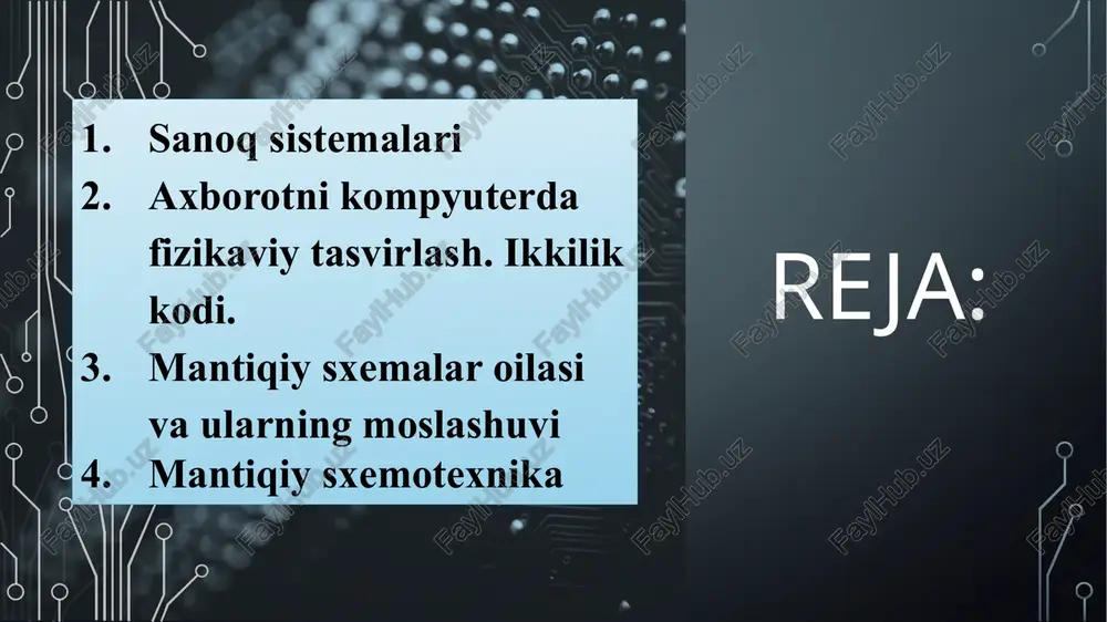 1011 buni 10 likka otkazish ==31 ascii jadvali yordamida ayrim belgilarning ikkilik sistemasidagi kodlarni misol sifatida keltiramiz. a-01000001 b-01000010 c-01000011 i-01001001 j-010011010 k-010011011 m-010011101 n-01001110 o-01001111 ya`ni ascii jadvalida keltirilgandek abelgisini o`nta oltilikda 14 ga teng (belgi turgan katakda kesidhgab sitr va ustun raqamlari qo`shiladi) 14 – 41 tetrada asosida 1=0001; 4 = 0100. demak a belgisini komyuterda kodlanishi 01000001 bo`ladi, lola so`zini quyidagicha kodlash mumkin. 01001100 01001111 01001100 01000001 quyidagi so’zlarni 2likda kodlang bank bino nok book tekshiramiz! 01000010 01000001 01001110 010011011 b a n k 01000010 01001001 01001110 01001111 01001110 01001111 010011011 01000010 01001111 01001111 010011011 kontaktnie dannie rustamova maftuna mrustamova2201@gmail.com 14 image2.png image3.jpeg image4.jpeg image5.jpg image6.jpeg image7.jpeg image8.jpeg image9.png image10.png image11.jpeg 697554069
