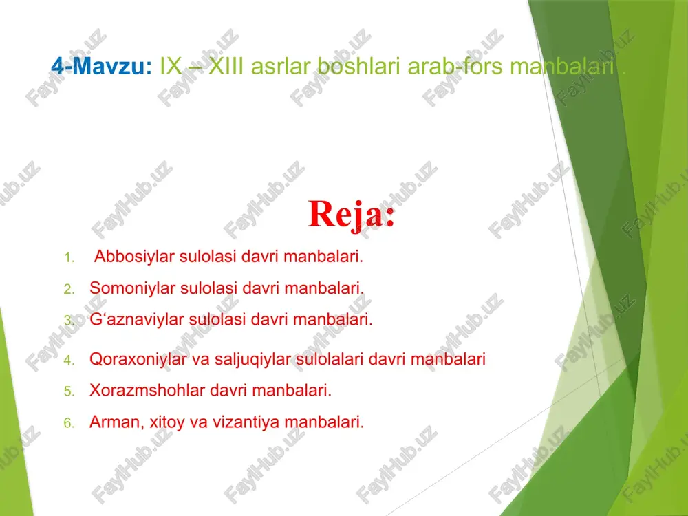 zabt etilishi) ix asrda o‘tgan yirik geograf va tarixchi olim balozuriy (vaf. 892)ning asaridir. muarrix madoiniyning shogirdi bo‘lib, uning to‘liq ismi abubakr ahmad ibn yah’yo jabir al-balazuriy, asli eronlik bo‘lib, abbosiylar sulolasidan mutavakkil (847-861) va musta’in (862-866) saroylarida tarbiyachi bo‘lib xizmat qilgan. balazuriy ikki yirik asar “kitob futuh al-buldon” va “kitob al-ansob ash-sharif’ (“sharofatli kishilaming nasablari haqida kitob") kabi asarlarning muallifidir. “kitob futuh al-buldon” arab istilolari tarixi bo‘yicha eng yaxshi asarlardan biri hisoblanadi. faqat shu asarda arablaming xalifa usmon (664-656) va uning xurosondagi noibi abdulloh ibn amr davrida movarounnahiga bir necha bor bostirib kirganliklari va maymurg‘ni (samarqand tumanlaridan biri) talab qaytganliklari haqida ma’lumot bor. tarixi ar-rusul va-i-muluk “payg‘ambarlar va podshohlar tarixi” bu asar muallifi yirik qomusiy olim abu ja’far muhammad ibn jarir tabariydir (836—923). tarix ilmi uchun eng muhim asarlardan hisoblanadi. u tabariston viloyatiga qarashli omul shahrida tug‘ilgan, umrining ko‘p qismini bag‘dodda o‘tkazgan va shu yerda vafot etgan. tarixchi xalifalikning …