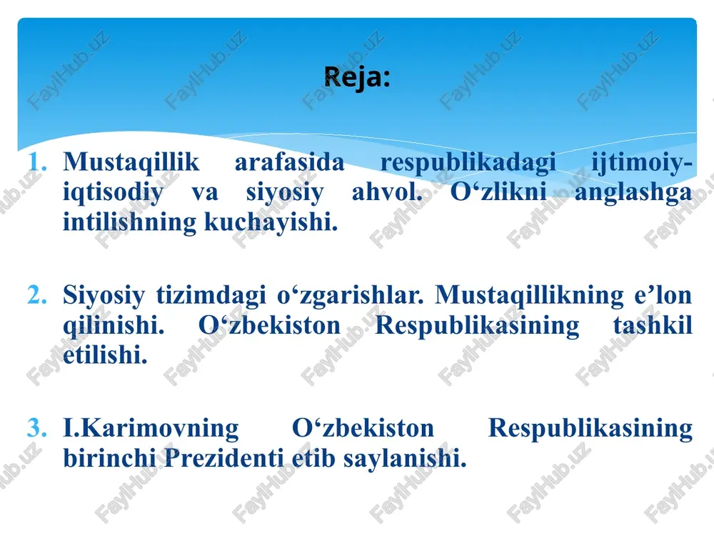bordi. masalan, 1987-yilda o‘zbekistonda milliy daromad kishi boshiga 1985-yildagiga nisbatan 94,5 %ni tashkil qildi. jamiyating barcha jabhalarini kompleks tarzda isloh qilishga harakatlar bo’ldi. asosiy maqsad sovet jamiyatini to’liq demokratlashtirish deb aytildi. sssrda saylov tizimini o’zgartirshi to’g’risidagi qonun (1988-yil dekabri) qabul qilindi. markaz o’z ta’sirini kuchaytirish maqsadida o’zbekistonda ‘‘paxta ishi’’, ‘‘o’zbek ishi’’, kabi uydirmalar o’ylab topildi. 1984-1990-yillarda 30-50-yillarida sodir bo’lgan qatag’onlardan kam bo’lmagan bedodliklar yuz berdi. qayta qurish siyosati ham sssr davlatini muqarrar inqirozdan qutqarib qola olmadi. davlatda inqiroz boshlandi. ittifoqdosh respublikalarda milliy o’zlikni anglash va mustaqillik sari dadil qadamlar qo’yildi. bu davrda yildan-yilga tobora keskinlashib kelayotgan asosiy ijtimoiy muammo – bu aholi o‘rtasida ishsizlar sonining jadal ravishda o‘sib borishi edi. mamlakatimiz rahbari o‘sha davrda vujudga kelgan ahvoldan chiqish yo‘li sifatida quyidagilarni belgilab berdi: a) ishlarning ahvoliga xolis baho berish, respublikadagi vaziyatni sog‘lomlashtirishning konkret va aniq-puxta dasturini ishlab chiqish; b) hayotning barcha sohalarida qatʼiy tartib va intizom o‘rnatish, rahbar kadrlarni joy-joyiga …