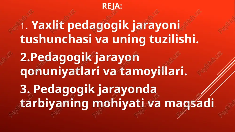 kadrlar ilmiy kadrlar ta'lim oluvchilar moddiy-texnik ta'minot moliyaviy ta'minot shart-sharoitlar tashkil etish va boshqarish f.g. kumbs maqsad va vazifalar ta'lim oluvchilar va o'qitish boshqarish o'quv muddati va tog tuzilishi mazmun va texnologiya o'qituvchilar va bilimlarni b.n. o'quv qo'llanmalar va bino xarajatlar yagona pedagogik jarayonning tarkibiy qismlari aniq maqsadli tarkibiy qism pedagogik faoliyatning barcha ko'p obrazli maqsad va vazifalarini qamrab oladi mazmunli tarkibiy qism umumiy maqsad bilan birga , xuddi shunday aniq vazifani qo'yadigan ma'noni aks ettiradi. faoliyatli tarkibiy qism – jarayonni tashkil etishva boshqarishda pedagoglar va tarbiyalanuvchilarning o'zaro hamkorligi jarayonning natijali tarkibiy qismi uni amalga oshirish samaradorligini aks ettiradi o‘qituvchi faoliyatining vazifasi o‘quvchilarning ijtimoiy borliqni ongli va faol idrok etishga yo‘naltirilgan faoliyatlarini boshqarishdan iboratdir. ta’lim jarayonini boshqarish quyidagi bosqichlardan iborat: rejalashtirish; tashkil etish; boshqarish (rag‘batlantirish); nazorat; natijalarni baholash va tahlil qilish. ta’lim jarayonida o‘quvchilarning faoliyati: bilim olish. o‘quv harakatlari. idrok etish va anglab etish. o‘z-o‘zini nazorat qilish, baholash va tahlil …