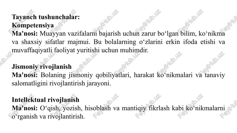 ntirishga yo‘naltirishga asoslangan yondashuvdir. ushbu yondashuv, bolalarning qiziqishlari va ehtiyojlarini inobatga olib, ta’lim jarayonini yanada samarali qilishga qaratilgan. asosiy jihatlar: bolalar markazida ta’lim ta’lim jarayonida bolalarning ehtiyojlari, qobiliyatlari va qiziqishlari asosiy o‘rinda turadi. pedagoglar har bir bolaning individual rivojlanishiga e’tibor berishadi. amaliy ko‘nikmalarni rivojlantirish ta’lim jarayoni bolalarga amaliy ko‘nikmalarni o‘rgatishga qaratilgan. bu ko‘nikmalar, masalan, muloqot, ijodkorlik, muammolarni hal qilish kabi hayotiy vaziyatlarda qo‘llanilishi mumkin. interaktiv metodlar ta’lim jarayonida interaktiv usullar va faol o‘rganish metodlaridan foydalaniladi. bu bolalarning faol ishtirokini va o‘z fikrlarini ifoda etishlarini rag‘batlantiradi. fanlararo yondashuv turli fanlar va mavzular o‘rtasidagi bog‘liqlikni rivojlantirish. bolalarga bir-biridan o‘rganish imkoniyatini yaratish va ularga bilimlarni integratsiyalash imkoniyatini berish. natijalar va baholash o‘quvchilarning rivojlanishini doimiy ravishda kuzatish va baholash. natijalarni tahlil qilish va o‘zgartirishlarni amalga oshirish. kompetensiyaviy yondashuvning maqsadlari hayotiy ko‘nikmalarni shakllantirish: bolalarning o‘zini ifoda etish, ijodkorlik, muloqot va hamkorlik ko‘nikmalarini rivojlantirish. ijtimoiy ko‘nikmalarni oshirish: bolalarning ijtimoiy munosabatlarini rivojlantirish, o‘zaro hurmat va yordam ko‘rsatish …