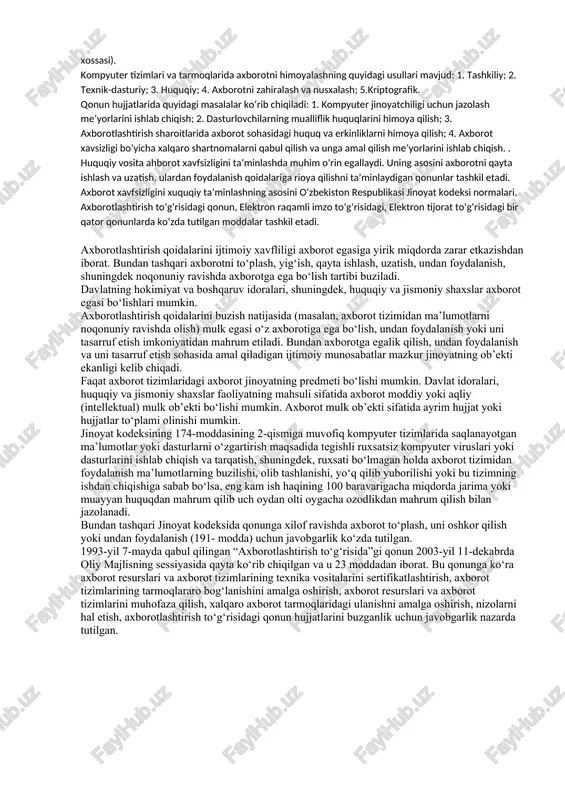 ashtirish to‘g‘risidagi qonun, elektron raqamli imzo to‘g‘risidagi, elektron tijorat to‘g‘risidagi bir qator qonunlarda ko‘zda tutilgan moddalar tashkil etadi. axborotlashtirish qoidalarini ijtimoiy xavfliligi axborot egasiga yirik miqdorda zarar etkazishdan iborat. bundan tashqari axborotni to‘plash, yig‘ish, qayta ishlash, uzatish, undan foydalanish, shuningdek noqonuniy ravishda axborotga ega bo‘lish tartibi buziladi. davlatning hokimiyat va boshqaruv idoralari, shuningdek, huquqiy va jismoniy shaxslar axborot egasi bo‘lishlari mumkin. axborotlashtirish qoidalarini buzish natijasida (masalan, axborot tizimidan ma’lumotlarni noqonuniy ravishda olish) mulk egasi o‘z axborotiga ega bo‘lish, undan foydalanish yoki uni tasarruf etish imkoniyatidan mahrum etiladi. bundan axborotga egalik qilish, undan foydalanish va uni tasarruf etish sohasida amal qiladigan ijtimoiy munosabatlar mazkur jinoyatning ob’ekti ekanligi kelib chiqadi. faqat axborot tizimlaridagi axborot jinoyatning predmeti bo‘lishi mumkin. davlat idoralari, huquqiy va jismoniy shaxslar faoliyatning mahsuli sifatida axborot moddiy yoki aqliy (intellektual) mulk ob’ekti bo‘lishi mumkin. axborot mulk ob’ekti sifatida ayrim hujjat yoki hujjatlar to‘plami olinishi mumkin. jinoyat kodeksining 174-moddasining 2-qismiga muvofiq …