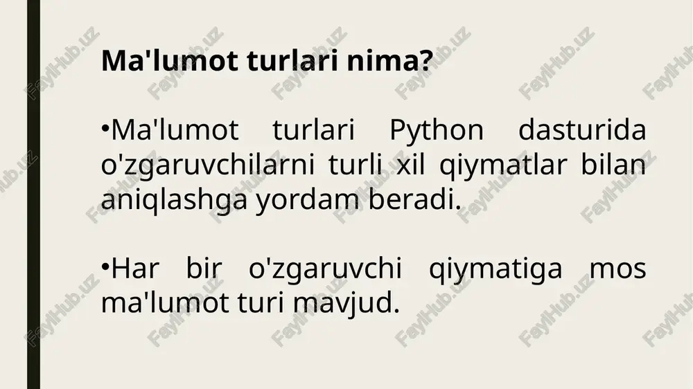 nt go'shadi. © insert() : belgilangan indeksga yangi element qo'shadi. * remove() : belgilangan giymatni listdan o'chiradi (agar giymat mavjud bo'lsa). © pop() : oxirgi elementni o'chiradi yoki ma‘lum bir indeksdagi elementni o'chirib, giymatini gaytaradi. © sort() : listni o'sish yoki kamayish tartibida saralaydi. * reverse() : listni teskarisiga aylantiradi. © count() : ma'lum bir giymatning necha marta uchrashini qaytaradi. © index() : ma'lum bir giymatning birinchi uchrashgan indeksini qaytaradi. dimensions = (1920, 1080) python'da tuple — bir nechta giymatlarni bir o'zgaruvchida saqlash imkonini beruvchi ma‘lumot turi. tuple o'zgarmas (immutable) bo'lganligi uchun, yaratilganidan keyin uning elementlarini o'zgartirish yoki o'chirish mumkin emas. student = {"name": “maftuna", "age": 21} # lug'atni kalit-qiymat juftligi yordamida yaratish student = { name": "maftuna", age": 23, "major": “information technology” # bo'sh lug'at yaratish empty_dict = {} kalit yordamida lug‘atdan qiymatni olish mumkin. agar kalit lug’atda mavjud bo‘lmasa, keyerror xatosi qaytariladi. get() metodi bilan kalit mavjud bo’lmasa, …