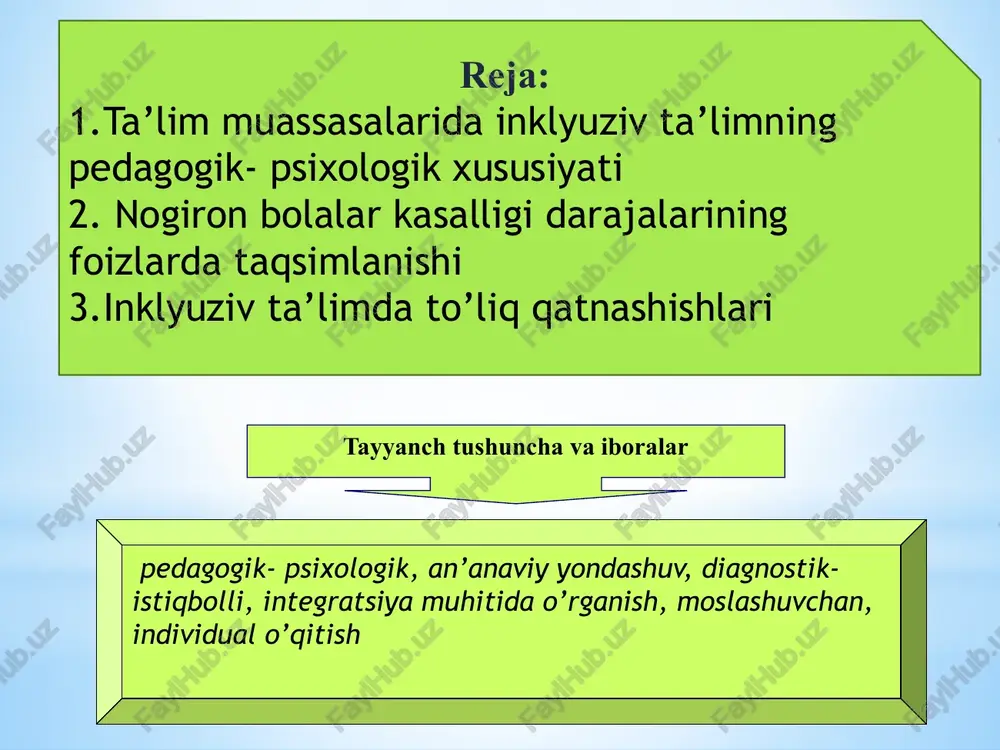 sh, yordamni to’g’ri tashkil qilish, o’rta va yengil qiyinchiliklari bor bo’lgan bolalarga kerakli yordamlar berish zarur bo’ladi. nogiron bolalar kasalligi darajalarining foizlarda taqsimlanishi. engil daraja 75% og`ir daraja 5 % o`rta daraja 20 % maxsus maktablari kam yoki umuman yo’q mamlakatlar inklyuziv maktablar ochish va maxsus xizmatlarni ko’rsatish borasidagi harakatlariga kerakli maslahatlarni olishlari mumkin, ayniqsa, maxsus ehtiyojlar ta’limida o’qituvchilar tayyorlashni amalga oshirish va kerakli jamoani tuzish, ularga ko’plab bolalar va yoshlarga xizmat ko’rsatishida kerak bo’ladigan jihozlangan resurs maktablarini nogironlik majruhlik tenglik va to’liq qatnashish image1.png image2.png /docprops/thumbnail.jpeg aes 4-mavzu. inklyuziv ta’limga ey jalb_qilith bosaichlari. ma’ruzachi: akramova xafia.