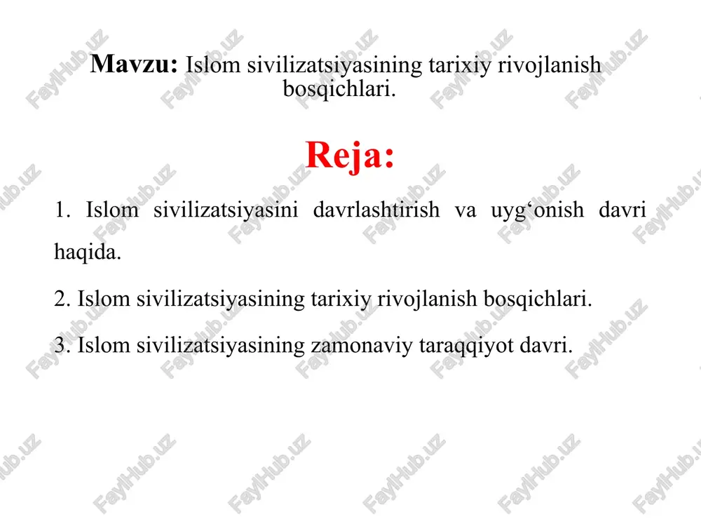 ullohga ergashgan uning izdoshlari o`zlarini “muslim” (musulmonlar) ning xudo oldida teng ekani, rizq-ro`zni barchaga yaratguvhining o`zi yetkazib berishi hamda jamiyatda adolatsizlik barham topishi haq ekanini targ`ib etadilar. bu harakat buyuk va birdan-bir haq yo`l – yagona e`tiqodga da`vat qilishdan boshlandi.bu yakkaxudolik dini bo`lib, tarixda u “itoat” , “tabelik” va “bo`yin egish” m`nolarini anglatuvchi “islom” nomi bilan shuhrat topadi. dastavval o`z ona shahrida muvaffaqiyat qozona olmagan muhammad (s.a.v.) 622-yil 16-iyulda makkadan madina shahriga hijrat qilishga majbur bo`ladi. xuddi shu kundan boshlab musulmon sharqida qabul qilingan hijriy yil hisobi boshlanadi. shunday qilib, islom bayrig`i ostida makka shahrida boshlagan tavhidlik dini targ`iboti madinaga ko`chadi va bu shahar kurashning markaziga aylanadi. „xalifalik mendan keyin ummatlarim ichida oʻttiz yil, soʻngra amirlik (podsholik) dir“, degan mazmundagi hadis aynan shu fikrni isbotlaydi. arab xalifaligi (632 — 1258) — arabiston yarim oroli, yaqin va oʻrta sharq, shimoliy afrika, ispaniya, markaziy osiyo va kavkazortini oʻz ichiga olgan saltanat. bu …