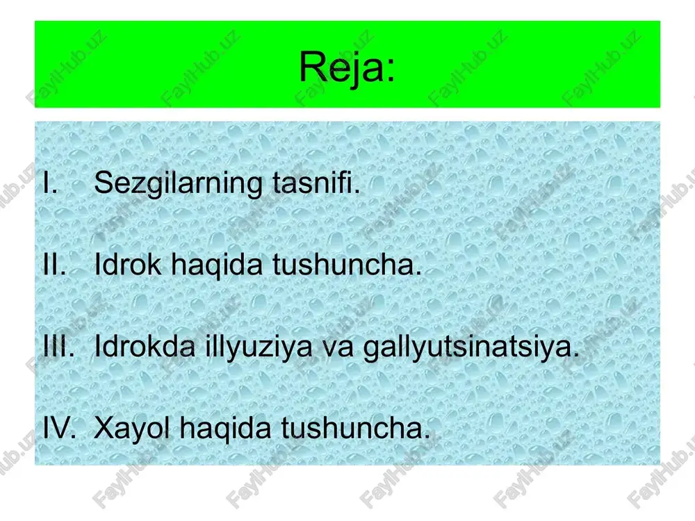 i holati to'g'risida signallar bilan ta'minlab turadi. ular inson harakatining boshqaruvchisi hisoblanib va afferent asosini tashkil qiladi. sezgining quyidagi turlari mavjud: ko'rish sezgilari; eshitish sezgilari; hid bilish sezgilari; ta'm bilish sezgilari; teri sezgilari; muskul –harakat (kinestetik); statistik sezgilari; organik sezgilari; bilish (akliy intellektual) jarayonlar s e z g i i d r o k x o t i r a x a yo l t a f a k k u r psixolog.uz psixolog.uz cheksizlik idrok sezgi a'zolarimizga ta'sir qilib turgan narsalarning ongda yaxlit holicha aks etishidir. biz narsa va hodisalarni yaxlit holicha idrok qilamiz, narsalarning ayrim xossalarini esa sezamiz. masalan, quyoshni biz idrok qilamiz, uning yorug'ini esa sezamiz. ammo xossa va narsa bir-biridan ajralmasdir, shu sababli narsalarni idrok qilish ham sezgilardan ajralgan holda voqe bo'lishi mumkin emas. psixolog.uz psixolog.uz idrok-deb sezgi a'zolariga bevosita ta'sir etib turgan narsa-hodisalar obrazlarini kishi ongida bir butun holda aks ettirilishiga aytiladi. appertseptsiya – idrok …