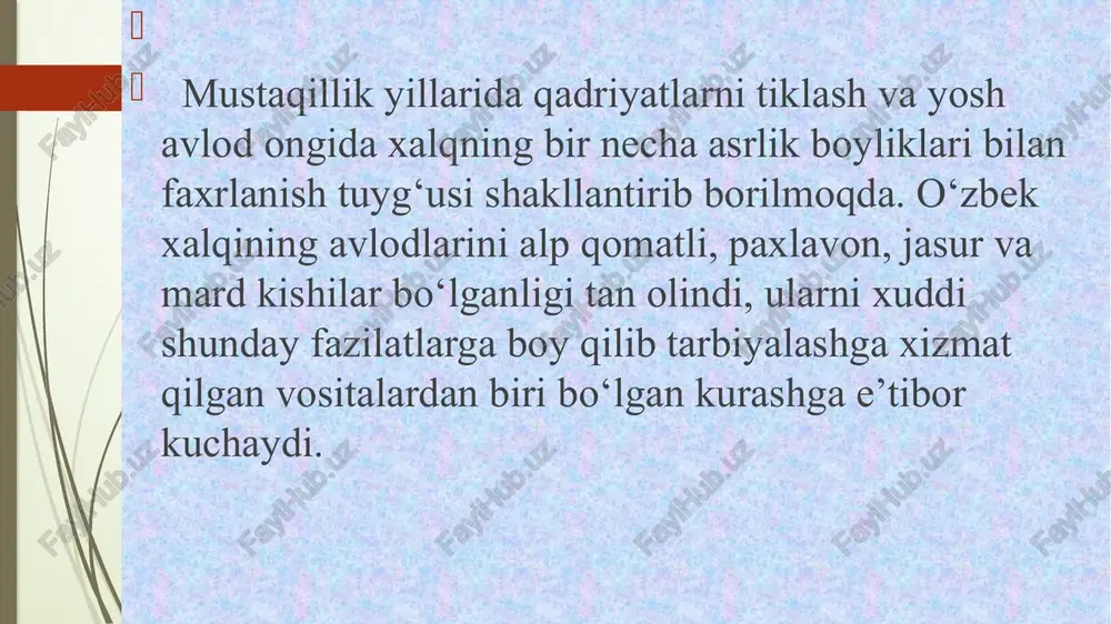 tutadi qadriyatlarga asoslangan ta’lim-tarbiyada o‘sib kelayotgan yosh avlodda yangicha dunyoqarash, o’zlikni anglash, tarixni bilish, ona tilmizga xurmat, o’z vataniga sadoqat, qadriyat va an’analarga muhabbat kabi insoniy hislatlar tarbiyalanadi. birinchi prezidentimiz i.a.karimovning yoshlarga qarata “biz hech kimdan kam emasmiz, kam ham bo’lmaymiz”, degan fikrlari ham buni tasdiqlaydi. ya’ni, o’zbek xalqi o’z milliy qadriyatlarini saqlagan va rivojlantirgan holda umuminsoniy qadriyatlar rivojiga ham o’z hissasini qo‘shmoqda. shu bilan birga boshqa millatlar va xalqlarning qadriyatlarini xam hurmat qiladi. milliy qadriyatlarni ta’lim-tarbiyaga joriy etishda oliy ta’lim alohida o’rin tutadi. oliy ta’limda tahsil oladigan talabalarga milliy qadriyatlarni turli vositalar va usullar orqali singdirish mumkin. ana shunday vositalardan biri sport hisoblanadi. sababi, sport insonni sog’lomlashtiradi va har tomonlama tarbiyalaydi. xalqimiz iborasi (sog’lom tanda, sog’ aql). bundan tashqari sport bilan shug’ullanish orqali yoshlarda mardlik, jasurlik, insonparvarlik kabi hislatlar ham shakllanib boradi. shuning uchun ham xalqimizning tarixi bilan tengdosh bo’lgan ko’plab milliy o’yinlar va sport turlari bor. ana shunday …