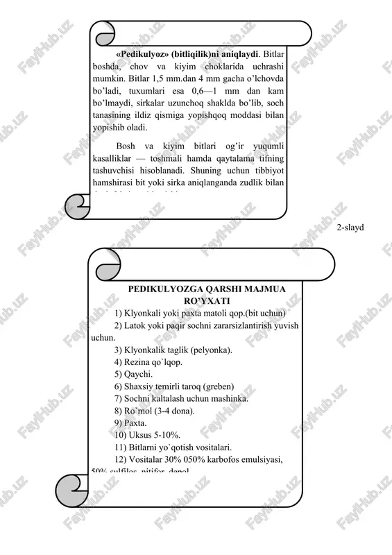 bilan o’rab qo’yadi. 6. bemor sochi iliq suv bilan yuvilib, artiladi va 10—15 daqiqa davomida mayda tishli taroqda taraladi (14- rasm, a, b, d, e,f, g, h, i ). 7. kiyimlar zararsizlantirish uchun qopga joylanadi (tibbiyot hamshirasining xalati ham). 8 .qo’lqoplar yechilib, qo’llar yuviladi. gigiyenik vanna va dush qabul qilish. bemor ahvolidan kelib chiqqan holda sanitariya tozalovi to’liq (vanna, dush) yoki qisman (artish, yuvintirish) bo’lishi mumkin. ) 5-slayd ( bemorlarning oqliqlarini almashtirish bemor o’rni yetarlicha qalinlikda bo’lib, yuza qismi tarang hamda yig’ilmagan, yostiqlar yumshoq, ko’rpalaryil mavsumiga mos bo’lishi lozim. bemorning ich kiyimi va oqliqlari haftada 1 marotaba, og’ir yotgan bemorlarcla esa ifloslanishiga qarab almashtiriladi. ularning oqliq va yostiq jildlarida cliok, burmalar bo’lmasligi va ular har kuni ertalab va kechki tiyqudan oldin qaytadan solinishi lozim (non ushoqlari qoqiladi, burmalar lekislanib, yostiq to’g’rilanadi). og’ir yotgan bemorning ich kiyimi va oqliqlarini almashtirish quyidagicha amalga oshiriladi. ) 7-slayd ( bemoming ich kiyimini almashtihsh algoritmi: …