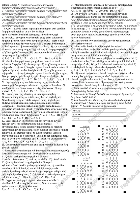 xum qo’yadi a) 1, 4, 5, 7 b) 1, 3, 4, 5, 7 c) 1, 3 d) 4, 5 5. yelka tomondan qorin tomonga yassilashgan ko’krak suzgichiga ega baliqqa xos bo’lgan ma’lumotni anqilang. a) tanasi ancha yirik, torpedasimon shakilda b) jabra ravoqlari va suzgich pufagi bo’lmaydi c) ko’pchiligi dengiz tubidagi mollyuskalar bilan oziqlanadid) berilganlarni barchasi to’g’ri 6. oq slaning o’pkasidan daqiqasiga o’tayotgan, qon hajmi, yurakdan, daqiqasiga, o’tayotgan qon hajmini 25 % ni tashkil qilsa, va buyrakdan, daqiqasiga o’tayotgan, qon 5 daqiqada, o’pkadan, o’tayotgan qon hajmini 30 % ni tashkil qilsa, bir daqiqada jami buyrak va o’pkadan oqib o’tadigan, qon hajmi yurakdan daqiqasiga o’tayotgan qon hajmidan qanchaga farq qiladi? (oq slaning yuragidan daqiqasiga 5 l qon oqib o’tadi deb faraz qiling)a) 4,5 l b) 1,875 l c) 3,125 l d) 1,25 l 7. baliqlarning dum suzgichini kuchli rivojlanishiga sabab bo’luvchi omilni belgilang. a) muvozanat organi hisoblangani sababli b) orqa miyasidan juda …