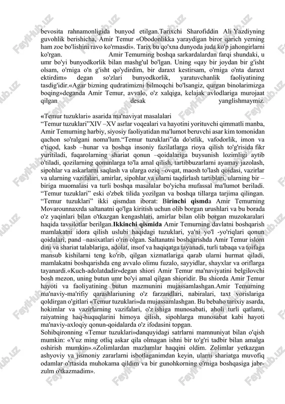 i-bilmasdanmi, lekin bir qator xalqlar va yurtlarni mustamlakachilar zulmidan ozod bo'lishiga yordam berdi. masalan, o'sha davrning eng qudratli hukmdorlaridan hisoblandan boyadzid yildirimni (qaysar) tor-mor keltirib bolqon yarim oroli va yevropa xalqlariga ozodlik bag'ishladi, oltin o'rta xoni to'xtamishxonni ikki marta tor-mor etib rossiyani mo'g'ullar hukmronligidan qutilishini qariyib 300 yilga tezlashtirdi.temur 25 yoshida shahrisabz hokimi bo'lishga muyassar bo'ldi. uning otasi shu yilning oq suyaklardan bo'lgan amir tarag'ay bahodir vafot etdi.sohibqironning bunyodkorlik sohasidagi tarixiy xizmatlari beqiyos. temur va uning avlodlari say'i-harakatlari bilan qurilgan madrasalar, masjidlar, xonakohlar, saroylar, bozorlar, qal'alar, kanallar va boshqa inshootlarning son-sanog'i yo'q.bibixonim jome masjidi, go'ri amir, axmad yassaviy, zangi ota maqbaralari, oqsaroy, ko'ksaroy va shohi zinda me'moriy mo'jizalari, bog'i chinor, bog'i baland, bog'i dilkusho, bog'i behishtsingari o'nlab go'zal saroy-bog'lar va shu kabi boshqa inshootlar uning bevosita rahnamonligida bunyod etilgan.tarixchi sharofiddin ali yazdiyning guvohlik berishicha, amir temur «obodonlikka yaraydigan biror qarich yerning ham zoe bo'lishini ravo ko'rmasdi». tarix bu qo'xna dunyoda …
