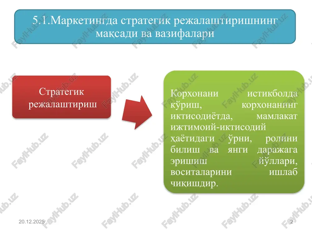 illik 5.3. marketing nazorati va uning turlari 11.03.2024 9 maksadga erishish darajasini belgilash marketing nazoratining maksadlari korxona moslashuv- chanligini talab kilingan atrof-muxit uzgarishlariga kanchalik mos kelishini aniklash yaxshilanish imkoniyatini aniklash 11.03.2024 10 foydadorlikni nazorat kilish strategik nazorat yillik rejani bajarilishini nazorat kilish marketing nazorati turlari 11.03.2024 11 marketingni nazorat kilish jarayoni boskichlari reja kursatkichlaridan xakikiysini imkoniyat farkini taxlili faoliyatni reja va xakikiy kursatkichlari natijalarini solishtirish faoliyatni xakikiy kursatkichlari natijalarini ulchash nazorat kilishga muljallangan reja kursatkichlarini asoslash yangi rejalar ishlab chikish, korrektirovkalash 11.03.2024 12 marketing nazorati marketing–miks samaradorligi marketing xizmati xodimlari faoliyati firmada marketing potntsiali marketing chora-tadbirlari tashqi muxit omillari taqsimlash tizimida faoliyat marketing nuqtai nazaridan aralash marketing bo'limi faoliyat 5.4. marketing dasturi xaqida tushuncha marketing dasturi korxona imkoniyatlarini bozor talablariga moslashtirishga yunaltirilgan taxlil, rejalashtirish va nazorat kilish jarayoni bozor rivojlanishining kiska taxlili va bashorati marketing dasturining mazmuni bozordagi xulk-atvorining strategik yuli marketing xarakatlari samaradorligini oldindan baxolash firma rivojlanishining asosiy maksadi …
