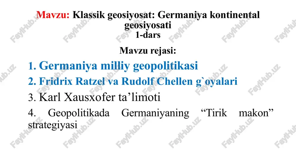 lishda rivojlandi. birinchi yoʻnalishi - millatchilik nemislarning milliy noroziligidan kelib chiqqan, bu ularning mustamlaka imperiyalarini yaratish jarayonidan chetlatilganligi va birinchi jahon urushidagi mag'lubiyatidan iborat edi. ikkinchi yoʻnalishi – internatsionalistik, soʻlchi, sotsial-demokratik – g. graf, k. vitfogel va boshqa islohotchi marksizm tarafdorlari asarlarida oʻz timsolini topdi. uning maqsadi tarixiy materializmni geografik determinizm bilan toʻldirish, odamlar va davlatlar oʻrtasidagi iqtisodiy va siyosiy munosabatlarni tabiat, yer va tuproq bilan “bogʻlash” edi. geografiyaning rivojlanishi bilan hamma joyda geografik milliy ong, xususan, kosmos, inson va makon munosabatlari haqidagi tasavvurlar shakllanadi. bu sohada kashfiyotlar nemis geograflari karl ritter (1799-1859) va fridrix ratsel (1844-1904) edi. k. ritter asarlari yevropada, jumladan, rossiyada geografiya fanining rivojlanishiga katta ta’sir ko‘rsatdi. uning shogirdi va izdoshi p.p. semenov-tyan-shanskiy ritter g'oyalarini rossiya geografiya jamiyatida, uning ma'ruzalari va asarlari nashrlarida ommalashtirdi. barcha klassik geosiyosatchilar ritter asarlari bilan yaxshi tanish edilar va uni geosiyosatning peshqadamlaridan biri deb bilishgan. xususan, ritterning usuli va uning "tuproq va …