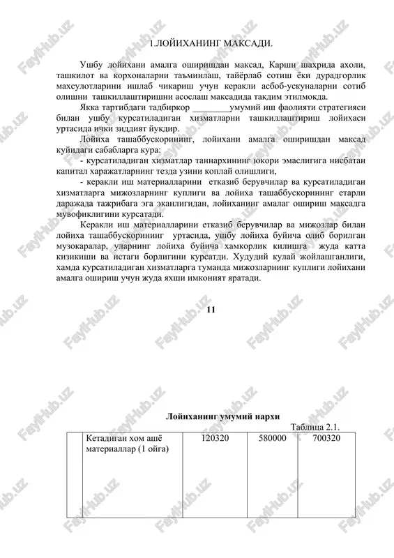ilar va mijozlar bilan loyixa tashabbuskorining urtasida, ushbu loyixa buyicha olib borilgan muzokaralar, ularning loyixa buyicha xamkorlik kilishga juda katta kizikishi va istagi borligini kursatdi. xududiy kulay joylashganligi, xamda kursatiladigan xizmatlarga tumanda mijozlarning kupligi loyixani amalga oshirish uchun juda yaxshi imkoniyat yaratadi. 11 loyixaning umumiy narxi tablitsa 2.1. 3. ketadigan xom ashyo materiallar (1 oyga) 120320 580000 700320 jami 420320 3000000 3420320 loyixada xisob-kitoblar uchun kabul kilingan kredit shartlari 1. kredit mikdori – 3000000 sum 2. kaytarish muddati – 24 oy 3. imtiez davri – 0 oy 4. kredit foizi –26% 5. kreditni epish - xar 1 yillik ba'dallar bilan kaytarish. 111. xizmatlar kursatish programmasi xizmatlar kursatish rejasi. xizmatlar kursatish rejasi va kursatiladigan xizmatlar turi, kredit xisobidan sotib olinadigan asbob-ukunalarining, ishlab chikarish kuvvati va texnik imkoniyatidan kelib chikkan xolda tuzildi. kursatiladigan xizmatlar xajmi, 1 oyda, ya'ni 24 ish kunida loyixa buyicha tulik kuvvatda ishlaganda, 10 ta stol,40 ta stul va …