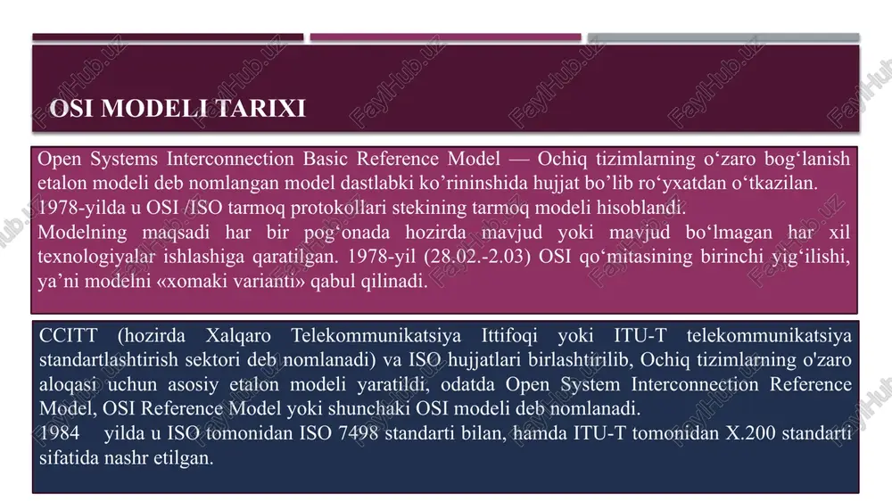pog‘onasida bitlar ketma-ketligi kadrlar deb nomlanuvchi to‘plamlarga birlashtiriladi. kanal pog‘onasi har bir kadrni uzatishning to‘g‘riligini ta'minlaydi, ajratish uchun uni bitlarning maxsus ketma-ketligi bilan o‘raydi, shuningdek nazorat ketma-ketligini kadrga qo‘shgan holda hisoblab chiqaradi. kanal pog‘onasi turli topologiyadagi lokal tarmoqning ixtiyoriy ikki tuguni orasida kadrning uzatilishini ta'minlaydi. kanal pog‘onasi protokollari tomonidan shakllanadigan topologiyalarga misol uchun umumiy shina, halqa va yulduz, shuningdek, ko‘priklar va kommutatorlar yordamida tashkil etilgan strukturalar tegishlidir. kanal pog‘onasi protokollariga ethernet, token ring, fddi, 100vg-anylan misol bo‘la oladi. kanal pog’onasi xavfsizligi dasturiy boshqariladi 3.tarmoq pog‘onasi (network layer) qurilmalar: routorlar, marshrutizatorlar bir necha tarmoqlami birlashtiruvchi yagona transport tizimini tashkil etish uchun xizmat qilib, ushbu tarmoqlarning oxirgi tugunlari o‘rtasida ma'lumot uzatishning turli xil tamoyillarini qo‘llashi va ixtiyoriy aloqa strukturasiga ega bo‘lishi mumkin. tarmoqlararo ma'lumotlarni yetkazib berish, ma'lumotlarni uzatish marshrutlarini tanlash kabi masalalarni yechadi. tarmoq xavfsizligi. identifikatsiya, autentifikatsiya, avtorizatsiya, mamurlash. 4. transport pog‘onasi (transport layer). transport pog‘onasi-ning asosiy vazifasi paketlarni xatosiz, dastlabki ketma-ketlikda, …
