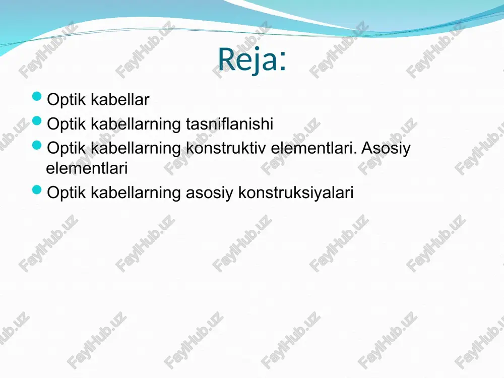 o‘l polotnosida, avtomobil yo‘li asfaltida); maxsus quvurlarda, masalan, polietilen quvurlarda avtomatik yotqizish. suv osti va ichki yotqizish kabellari suv osti kabellari quyidagilarga bo‘linadi: kema qatnamaydigan daryolar, chuqur bo‘lmagan ko‘llar va botqoqliklar tubiga yotqiziladigan; dengizlar va okeanlar tubiga yotqiziladigan. ichki yotqizish kabellari telefon stansiyalari, ofislar, binolar va inshoatlar ichida ishlatiladi. yotqizish sharoitlari bo‘yicha bu kabellar quyidagilarga bo‘linadi: vertikal va gorizontal yotqizish kabellari; kommutatsiyalash shnurlari. optik kabellarning konstruktiv elementlari. asosiy elementlari otni cho‘zilish va bukilishdan, tashqi mexanik ta’sirlardan saqlash, yuqori ishonchliligi materiallarni mos tanlanishi va okning konstruktiv elementlarini hisoblash bilan ta’minlanadi. okning to‘g‘ri ishlab chiqilgan konstruksiyasi ularni oddiy metall kabellar kabi yotqizishga imkon beradigan yuqori mexanik puxtalikka ega bo‘ladi. bundan tashqari, ok konstruksiyasi 25 ... 30 yildan kam bo‘lmagan okning xizmat ko‘rsatish muddati davomida otning uzatish xarakteristikalarini kafolatlashi va ta’minlashi kerak. okda otdan tashqari, quyidagi konstruktiv elementlar mavjud: yaxlit plastmassa tolalar ko‘rinishidagi to‘ldiruvchilar; uzilishga bo‘ylama yuklamani o‘ziga qabul qiladigan kuch (mustahkamlaydigan) elementlar …