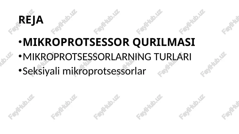 arni bajarish uchun arifmetik mantiq qurilma; - buyruq kodlariga muvofiq barcha mikroprotsessor bloklari uchun boshqaruv signallarini hosil qiluvchi boshqaruv qurilmasi; - registrlar bloki - buyruqlar, ma'lumotlar va manzillarni saqlash uchun katakchalar; - xotira va kiritish/chiqarish qurilmalaridan buyruqlar va ma'lumotlarni o'qish/yozish uchun interfeys qurilmasi, tashqi shinani boshqarish buyruqlarini yaratish. mikroprotsessor funktsiyalari 1. asosiy xotiradan buyruqlarni o‘qish va dekodlash; 2. asosiy xotiradan ma'lumotlarni o'qish va tashqi qurilmalar adapterlari registrlari; 3. tashqi qurilmalarga xizmat ko'rsatish uchun adapterlardan so'rovlar va buyruqlarni qabul qilish va qayta ishlash; 4. ma'lumotlarni qayta ishlash va ularni asosiy xotira va tashqi qurilmalar adapterlari registrlarida qayd etish; 5. kompyuterning barcha boshqa tugunlari va bloklari uchun boshqaruv signallarini ishlab chiqish. mikroprotsessor arxitekturasining turlari 1. arxitektura cisc (complex instruction set computer) - bu buyruq-kompleks kompyuterni boshqarish tizimi. mikroprotsessorda bajarilgan shaxsiy kompyuterning moslashuvchanligi va kengaytirilgan imkoniyatlari bilan farqlanadi. 2. architecture risc (reduced instruction set computer) buyruq-bir hil kompyuterni boshqarish tizimi 3. arxitektura misc …