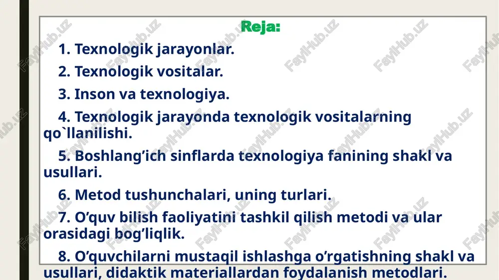 umiy konstruktiv va texnologik xususiyatlarga ega bo’lgan mahsulotlar guruhini ishlab chiqarishning texnologik jarayoni. guruh texnologik jarayoni (gtj) - turli xil dizayndagi, ammo umumiy texnologik xususiyatlarga ega bo’lgan mahsulotlar guruhini ishlab chiqarishning texnologik jarayoni. texnologik jarayonlar "tipik" va "istiqbolli" ga bo’linadi. "tipik" texnik jarayon umumiy dizayn tamoyillariga ega bo’lgan mahsulotlar guruhi uchun ko’pgina texnologik operatsiyalar va o’tishlarning mazmuni va ketma-ketligining birligiga ega. "istiqbolli" texnik jarayon ishlab chiqarish texnologiyasi rivojlanishining ilg’or jahon darajasiga ko’tarilish (yoki mos kelish) ni o’z ichiga oladi. bigizdan foydalanish qoidalari 1. bigiz bilan ishlaganingizda ustozingiz yoki ota-onangiz ko‘magiga tayaning. 2. bigizni o‘rinsiz ishlatmang. 3. sirti silliq va sirpanchiq bo‘lgan qattiq buyumlarni bigiz bilan teshmang. 4. teshiladigan buyumni qo‘lingizda ushlamang,uni stol, taglik ustiga qo‘yib teshing. maxsus ish pichog‘i bilan ishlash qoidalari 1. maxsus pichoqdan o‘qituvchingiz yordamida foydalaning. 2. maxsus pichoqni o‘qituvchi ko‘rsatganidek ishlating, kesayotganda qattiq bosmang. igna bilan ishlash qoidalari 1. ignani ishlatib bo‘lgach, maxsus yostiqchaga sanchib qo‘ying. 2. …