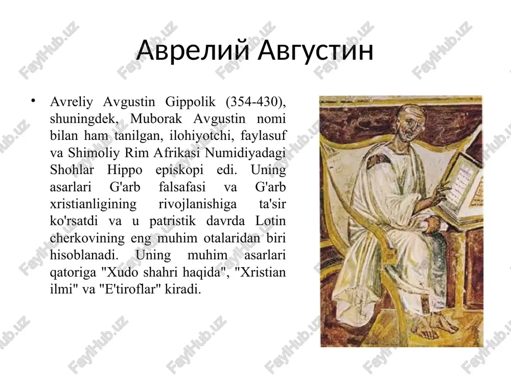 r dunyoqarashiga chuqur ta'sir ko'rsatdi. nicea va konstantinopol kengashlari tomonidan belgilangan uchbirlik tushunchasiga amal qilgan cherkovning o'sha qismi o'zini avgustinning "uchlik to'g'risida" asari bilan chambarchas bog'lagan. avgustin xudo va inson o'rtasidagi munosabatlarning mohiyatini ochib beradi. avgustinning fikricha, xudo g'ayritabiiydir. dunyo, tabiat va inson xudoning yaratganligi natijasi bo'lib, yaratganga bog'liqdir. agar neoplatonizm xudoni (mutlaq) shaxssiz mavjudot, barcha mavjud narsalarning birligi deb hisoblagan bo‘lsa, avgustin xudoni barcha mavjud narsalarni yaratuvchi shaxs sifatida talqin qilgan. va u ataylab xudoning taqdir va omaddan talqinlarini farqlashdi. xudo jismonsizdir, ya'ni ilohiy tamoyil cheksiz va hamma joyda mavjuddir. u dunyoni yaratib, dunyoda tartib hukmronligiga ishonch hosil qildi va dunyodagi hamma narsa tabiat qonunlariga bo'ysunishni boshladi. inson xudo tomonidan erkin mavjudot sifatida yaratilgan, lekin gunohga botib, o'zi yovuzlikni tanladi va xudoning irodasiga qarshi chiqdi. yovuzlik shunday paydo bo'ladi, odam shunday erkin bo'ladi. inson erkin emas va hech narsada erkin emas, u butunlay xudoga bog'liqdir. yiqilgan paytdan boshlab, odamlar …