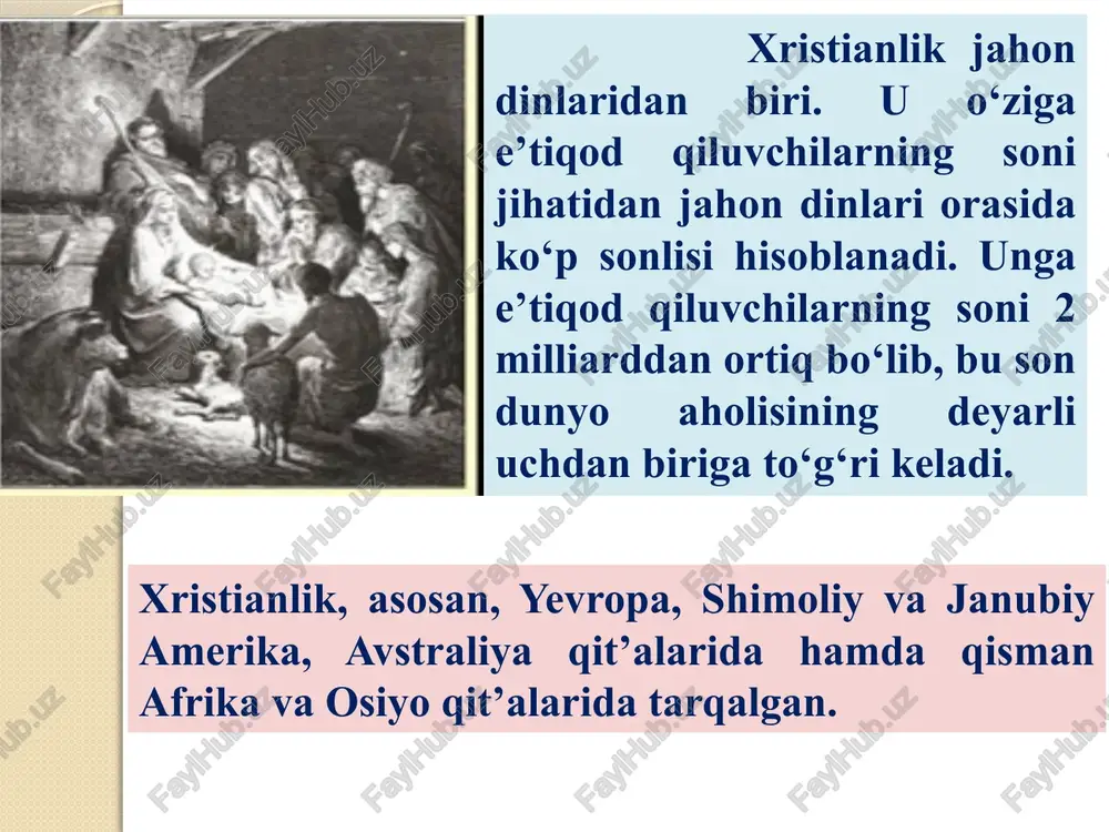 injil so‘zi yunoncha «yevangelion» so‘zidan kelib chiqqan bo‘lib, xushxabar ma’nosini anglatadi. unda odamzodni qutqaruvchi yagona najotkor hisoblanmish iso masihning yer yuziga yuborilganligi haqida hikoya qilinadi. “injil” ning dastlabki 4 kitobi iso masihning hayoti va ta’limotiga bag‘ishlangan. ular havoriylar hamda yuhanno tomonidan yozilgan. manbalarning xabar berishicha, xristianlik yahudiy muhitida yuzaga kelgan. xristianlikning asosiy g‘oyasi – isoning odamzodning xaloskori “messiya” ekanligi yahudiylikda mavjud bo‘lib, oxiratga yaqin kelishi kutilayotgan xaloskor haqidagi ta’limotdan kelib chiqqandir. xristianlik ota-xudo, o‘g‘il-xudo va muqaddas ruh – «troitsa» to‘g‘risidagi ta’limotni, jannat va do‘zax, oxirat, isoning qaytishi haqidagi va boshqa aqidalarni o‘z ichiga oladi. xristian jamoasining shakllanishi, aqidalarining tartibga solinishi, cherkov munosabatlarining ishlab chiqilishi, diniy tabaqalar tuzumining vujudga kelishi milodning 324-yili xristianlik rim imperiyasida davlat dini deb e’lon qilinganidan so‘ng amalga oshdi. 325-yili tarixda birinchi marta rim imperatori lisiniya nikeya shahrida i butun olam xristian soborini chaqirdi. unda pasxani bayram qilish vaqti belgilangan, 381-yili konstantinopolda ii butun olam xristian sobori …
