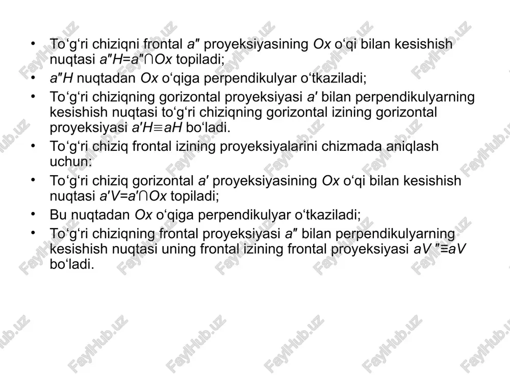 o‘g‘ri chiziq profil izining gorizontal va frontal proyeksiyalari bo‘ladi. a″′w nuqta a to‘g‘ri chiziq profil izining profil proyeksiyasidir. 5.1. ikki to‘g‘ri chiziqning o‘zaro vaziyatlari ikki to‘g‘ri chiziq fazoda o‘zaro parallel, kesuvchi yoki ayqash vaziyatlarda bo‘lishi mumkin. 5.1.1. parallel to‘g‘ri chiziqlar ta’rif. agar ikki to‘g‘ri chiziqning kesishuv nuqtasi bo‘lmasa (yoki umumiy uzoq xosmas nuqtaga ega bo‘lsa), ularni parallel to‘g‘ri chiziqlar deyiladi. parallel proyeksiyalarning xossasiga asosan parallel to‘g‘ri chiziqlarning bir nomli proyeksiyalari ham o‘zaro parallel bo‘ladi (5.3,a,b-rasm), ya’ni a‖b bo‘lsa, u holda a′‖b′, a″‖b″, a″′‖b″′ bo‘ladi. fazodagi umumiy vaziyatda joylashgan parallel to‘g‘ri chiziqlarning ikkita bir nomli proyeksiyalari o‘zaro parallel bo‘lsa, ularning uchinchi proyeksiyalari ham o‘zaro parallel bo‘ladi. ammo to‘g‘ri chiziqlar biror proyeksiyalar tekisligiga parallel bo‘lsa, u holda yuqorida keltirilgan shart bajarilmaydi. masalan, w tekislikka parallel bo‘lgan profil to‘g‘ri chiziq kesmalarning bir nomli gorizontal va frontal proyeksiyalari (p1 va p2) ning o‘zaro parallel bo‘lishi yetarli bo‘lmaydi (5.4,a-rasm). bunday hollarda to‘g‘ri chiziqlarning profil proyeksiyalarini …