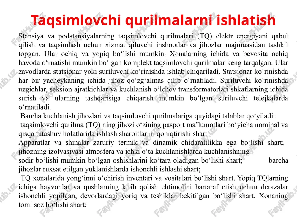 rorat 400c dan oshmasligi shart. xonaning ventilyasiyasi etarli darajada samarali bo‘lishi shart. tqlarni ishlatishning vazifalari qo‘yidagilardan iborat: tq va alohida zanjirlarning ish rejimlarini jihozning texnik tavsiflariga mos kelishini ta’minlash; tqning jihozlari va xonalarini nazorat qilish va tartibga solish hamda taraqqiy etishi avariyaga olib kelishi mumkin bo‘lgan nosozliklarni imkoni boricha qisqa muddatlarda bartaraf etish; jihozlarning profilaktik sinash va ta’mirlash ishlarini o‘z vaqtida amalga oshirish. iste’molchilar yuklamalarining oshib borishi bilan ilgari o‘rnatilgan jihozlarning o‘tkazish qobiliyati tez-tez etarli bo‘lmay qoladi. avariya holatlarida qisqa tutashuv toklarining jihozlar uchun ruxsat etilganidan yuqori qiymatlargacha ortishi energetika tizimiga loyihalash paytida ko‘zda tutilmagan katta quvvatli turbo va gidrogeneratorlar, transformatorlar va h.k.larning ulanishi natijasida sodir bo‘ladi. energetika tizimlarida jihozlarning parametrlarini yangi ish sharoitlariga mos kelishini tekshirish surunkali tarzda iste’molchilarning eng katta yuklamalarini nazorat qilish va ularni jihozlarning nominal ma’lumotlari bilan solishtirish hamda yangi jihozlar ulangan va elektr tarmoqning sxemasi o‘zgargan holatlar uchun qisqa tutashuv toklarini hisoblash orqali amalga oshiriladi. …