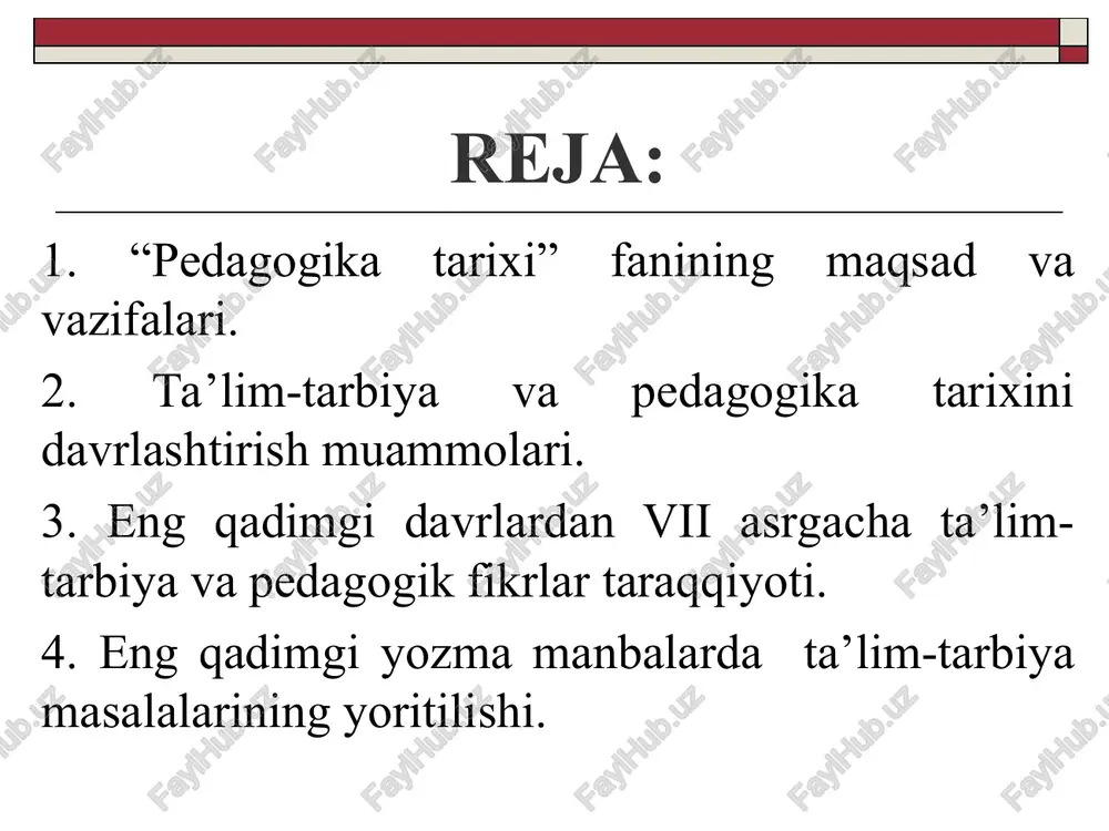 ish manbalari: 1) arxeologik yodgorliklar; 2) qo’lyozmalar; 3) xalq og’zaki ijodi; 4) adabiy yodgorliklar; 5) hujjatlar; 6) badiiy adabiyot; 7) memuarlar; 8) sharq va g’arb mutafakkirlarining asarlari. pedagogika tarixini davrlashtirish: ibtidoiy jamoa tuzumini davrlashtirsh qadimgi tosh asri peleolit: ilk o’rta so’nggi mil. av. 700/500-100 ming yilliklar. mil. av. 100-40 ming yilliklar. mil. av. 40-12 ming yilliklar. o’rta tosh asri mezolit mil. av.12 – 7 ming yilliklar. yangi tosh asri neolit mil. av. 6-4 ming yilliklar. mis-tosh asri eneolit mil. av. 4-3 ming yilliklar. bronza davri bronza davri mil. av. 3-1 ming yilliklar. temir asri ilk temir asri mil. av. x-viii asrlar. so’nggi temir asri vii–iv asrlar eng qadimgi davrlar: paleolit – 700/500-40/14 ming yil. m.a.d. (pitekantroplar) paleolit – 700/500-40/14 ming yil. m.a.d. (sinantroplar) paleolit – 700/500-40/14 ming yil. m.a.d. (neandartal) eng qadimgi davrda mehnatga layoqatlilik bilan bog’liqlikda jamoa a’zolari 3 guruhga bo’lingan: piktografik yozuvlar – suratli yozuv ideografik yozuvlar – …
