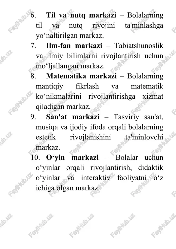 tasnifi glossariy 1. rivojlantirish markazi – bolalarning aqliy, jismoniy, ijodiy va ijtimoiy rivojlanishini ta'minlash uchun tashkil etilgan muassasa yoki sinf. 2. tasnif – ma'lum bir belgilarga asoslangan obyektlarni yoki hodisalarni guruhlash yoki tartiblash jarayoni. 3. ijodiy markaz – bolalarning ijodiy qobiliyatlarini rivojlantirishga mo‘ljallangan markaz (masalan, san'at, musiqa). 4. konstruktorlik markazi – bolalarning muhandislik va qurilish ko‘nikmalarini rivojlantirishga yo‘naltirilgan markaz. 5. syujetli-rolli markaz – bolalarga ijtimoiy ko‘nikmalarni o‘rgatish va rollar orqali o‘yin faoliyatini rivojlantirishga mo‘ljallangan markaz.