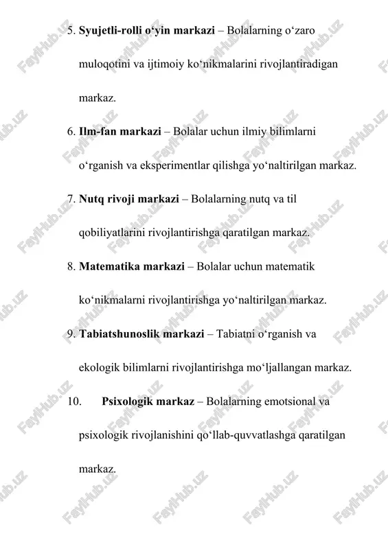 ‘ljallangan maxsus tashkilot. 2. tasniflash – rivojlantirish markazlarini ma'lum bir xususiyatlariga ko‘ra guruhlash yoki tasniflash jarayoni. 3. konstruktorlik markazi – bolalar uchun qurilish va loyihalash faoliyatlarini rivojlantiradigan markaz. 4. san'at markazi – bolalarning ijodiy qobiliyatlarini rivojlantirishga qaratilgan chizmalar, musiqa va teatr faoliyatlarini o‘z ichiga olgan markaz.