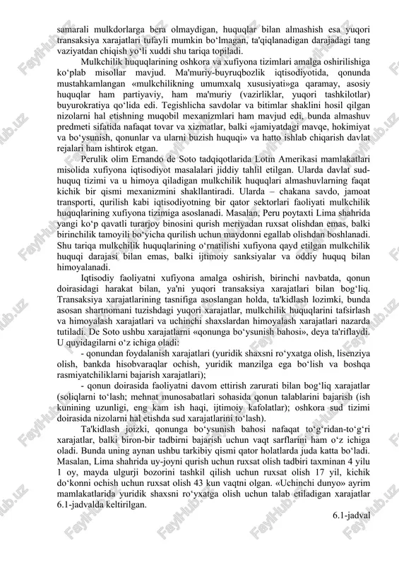 k etishning birinchi darajali mezoni hisoblansa, ayni paytda o‘rnatilgan qoidalarga amal qilmaslik yoki ularni chetlab o‘tish esa xufiyona iqtisodiyotda ishtirok etish mezoni hisoblanadi. 6.1. xufiyona iqtisodiyotning kelibchiqish sabablari qonuniy ravishda qayd etilgan huquqlarga ega bo‘lgan almashuvning yuqori darajadagi transaksiya xarajatlari hamma vaqt ham eng samarali mulkdorlarga mulkchilikning zarur huquqlariga egalik qilish imkonini bermaydi. bu hol almashuv umuman sodir bo‘lmayotganligi va iqtisodiy agentlar mulkchilik tarkibi nooptimalligicha qolishiga rozi bo‘lganligini anglatmaydi. aksincha, iqtisodiy agentlarning muqobil qarorni izlashi mulkchilik huquqlarini tafsirlash va ular bilan xufiyona, ya'ni davlatning ishtirokisiz, almashishni tashkil qilishga urinishi ko‘rinishida amalga oshiriladi. xufiyonalik – shaxslarning kundalik faoliyatni tashkil qilishda mavjud huquq (qonun) normalaridan foydalanishdan bo‘yin tovlash va yozilmagan huquqqa, ya'ni an'ana va urf-odatlarda qayd etilgan normalar hamda mulkchilik huquqlarini almashish va himoyalash yuzasidan kelib chiqqan nizolarni hal etishning huquq doirasidan chetga chiquvchi mexanizmlariga murojaat etishidan iborat. mulkchilik huquqlarini dastlabki tafsirlash jarayonida davlat uni eng samarali mulkdorlarga bera olmaydigan, huquqlar bilan …