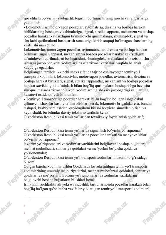 ib topshirilgan texnik vositalarni tartibda saqlashlari kerak. forma kiyimi va farqlanish nishonlari belgilab qo’yilgan xodimlar, o’zbekiston respublikasi vazirlar mahkamasining 1995 yil 3 iyul 249-son qarori (ilova №2)[footnoteref:1] bilan tasdiqlangan «o’zbekiston temir yo’llari» davlat aksiyadorlik temir yo’l kompaniyasining temir yo’l transporti xodimlari intizomi to’g’risida nizomga muvofiq, formali kiyingan bo’lishlari kerak. [1: ] temir yo’l transportining har bir xodimi bajarayotgan ishlari uchun belgilangan texnika xavfsizligi, yong’in xavfsizligi va ishlab chiqarish sanitariyasi bo’yicha qoidalar va yo’riqnomalarga amal qilishlari kerak. bu qoida va yo’riqnomalarning ijro etilishi bo’yicha javobgarlik tegishli bo’linmalarning ijrochi va rahbarlariga yuklatiladi. - lokomotivlar, motorvagon poezdlar, avtomatrisa, drezina va boshqa harakat birliklarining boshqaruv kabinalariga, signal, strelka, apparat, mexanizm va boshqa poezdlar harakat xavfsizligini ta’minlovchi qurilmalarga, shuningdek, signal va shu kabi qurilmalarni boshqarish xonalariga kirish xuquqi bo’lmagan shaxslarning kiritilishi man etiladi. lokomotivlar, motorvagon poezdlar, avtomatrisalar, drezina va boshqa harakat birliklari, signal, apparat, mexanizm va boshqa poezdlar harakat xavfsizligini ta’minlovchi qurilmalarni boshqarishni, shuningdek, strelkalarni …