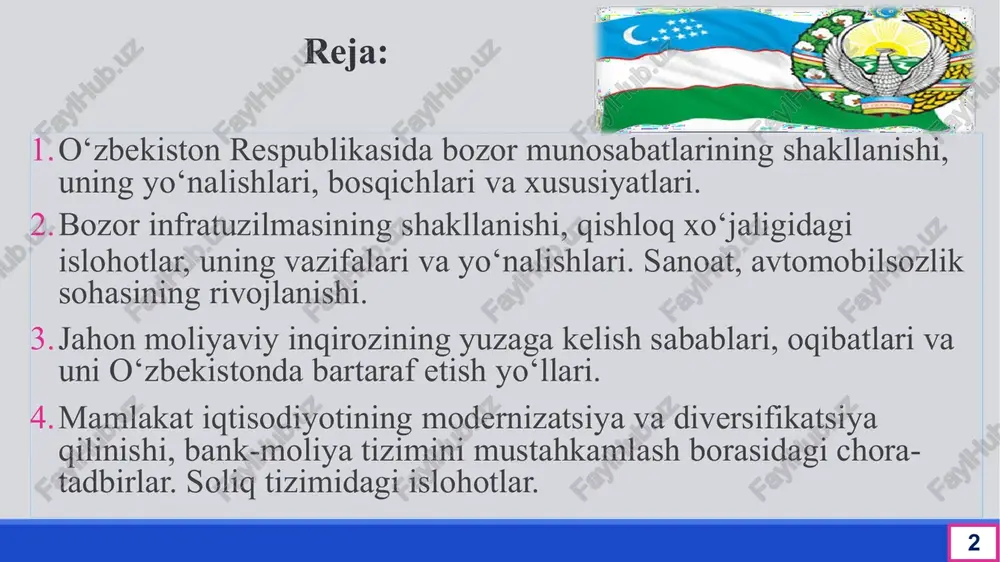 ik korxonalari, qayta ishlash korxonalari mulk shakli o'zgartirilib, mulkning ijara, jamoa, aksiadorlik shakllari vujudga keldi. uy-joylar xususiylashtirildi. ikkinchi bosqich o'zbekiston respublikasi vazirlar mahkamasining 1994 yil 21 yanvardagi «iqtisodiy islohotlarni yanada chuqurlashtirish, xususiy mulk manfaatlarini himoya qilish va tadbirkorlikni rivojlantirish chora-tadbirlari to'g'risida»gi qarori asosida olib borildi. bu davrda ochiq aksiadorlik jamiyatlari tashqil etilib,, korxonalar aksialarini chiqardilar, auksion savdosi orqali davlat mulkini shaxslarga sotish, xususiylashtirishni yoppasiga olib borish ko'zda tutildi. o'zbekistonda mashinasozlik sanoatini, ayniqsa, avtomobilsozlik sanoatini rivojlandi. o'zbekiston bilan janubiy koreya o'rtasida «uz-daewoo» avto ko'shma korxonasi qurilib, yengil avtomobillar ishlab chiqarila boshlandi. 1993 yili gfr bilan o'zbekiston o'rtasida shartnoma imzolanib, «mersedes-bens at» korporasiyasi xorazmda «do'stlik» avtomobil zavodida ish boshladi. 1994 yildan boshlab yuk avtomobillarini ishlab chiqardi. 1995 yili «o'zavtosanoat» uyushmasi bilan turkiyaning «kochxolding» kompaniyasi o'rtasida shartnoma imzolanib, 1999 yildan samarqandning so'g'diyona mavzeida avtobus zavodi qurilib, faoliyat yurita boshladi. shirkat xo'jaligining o'ziga xos xususiyatlari quyidagilardan iborat: shirkat a'zolariga ixtiyoriy ravishda kirish va chiqish; …