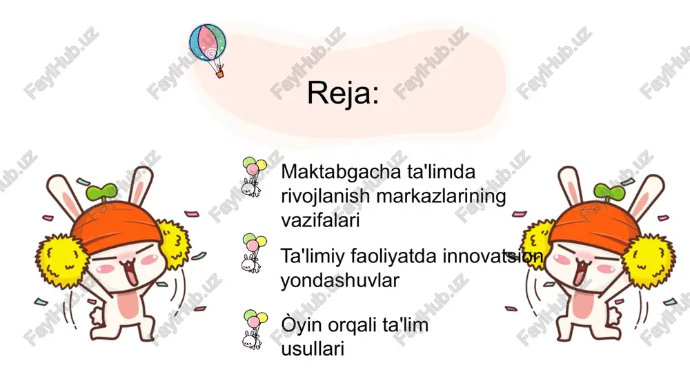 ing asosiy vaqti o’yin bilan o’tadi. o’yin –maktabgacha yoshdagi bolalarni har tomonlama rivojlanishining muhim vositasi, ularning asosiy faoliyati bo’lib hisoblanadi. o’yin jarayonida bola shaxsi faoliyat subyektidir. p.f.lesgaft «bola dastlabki o’yinida tevarak-atrofidagi voqea hodisalarga taqlid qiladi o’yin ijtimoiy voqelikni aks ettiradi»,-deb izohlangan edi. buyuk psixolg d.v. elkonin o’yinning kelib chiqishiga oid yangi g’oyani ilgari suradi. jamiyatning dastlabki taraqqiyotidayoq bolalarning kattalar hayoti va mehnatida ishtirok etishlari, bolalarning mehnat qilishlari uchun qulay o’yinchoq -mehnat qurollari ishlab chiqilgan. o’yinchoq-qurollar paydo bo’lishi natijasida rolli o’yinlari paydo bo’ladi l.s. vigodskiy o'yinni bolaning ichki ijtimoiy dunyosi, ijtimoiy buyurtmalarni o'zlashtirish vositasi sifatida ta'riflaydi. etiboringiz uchun rahmat image1.png image2.png image3.png image4.png image5.png image6.png image7.png image8.jpeg image9.png image10.png image11.png image12.jpeg image13.png image14.jpeg image15.png image16.png ®