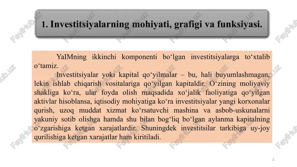 ar investor investitsiyalarni amalga oshiruvchi shaxs investitsiya faoliyati quyidagi manbalar hisobiga amalga oshirilishi mumkin: 6 1 investorlarning o’z moliyaviy resurslari (foyda, amortizatsiya ajratmalari, pul jamg’armalarivah.k.); 2 qarz olingan moliyaviy mablag’lar (obligatsiya zayomlari, bank kreditlari); 3 4 5 jalb qilingan moliyaviy mablag’lar (aktsiyalarni sotishdan olingan mablag’lar, jismoniy va huquqiy shaxslarning pay va boshqa to’lovlari); davlat byudjeti mablag’lari; chet elliklar mablag’lari. 7 foiz stavkasi – bu real asosiy kapitalni sotib olish uchun zarur bo’lgan, bankdan olingan ssuda kapitaliga korxona to’lashi lozim bo’lgan pul miqdori. investitsiyalarga sarflar darajasini ikkita asosiy omil belgilab beradi: 1 investitsiya sarflaridan kutilayotgan foyda normasi; 2 foiz stavkasi. real foiz stavka narxlar darajasining o‘zgarishini aks ettirib, nominal stavkadan inflatsiya darajasi ayirmasi ko‘rinishida aniqlanadi. masalan, nominal foiz stavkasi 16% ga teng bo‘lsa, inflatsiya darajasi yiliga 12% ni tashkil etsa, unda real foiz stavkasi 4 foizini (16%-12%) tashkil etadi. 8 kutilayotgan sof foyda normasi agarda kutilayotgan foyda me’yori foiz stavkasidan yuqori …