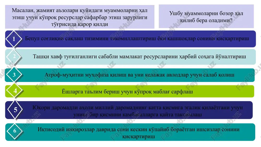onopoliyaga qarshi qonunlar qabul qiladi tashqi samara va jamiyat farovonligi iqtisodiyot tartibga solinmagan hollarda korxonalar atrof-muhitga jiddiy zarar etkazishlari va shu bilan bir vaqtda sog'liqni saqlash yoki fanga juda kam mablag' ajratishlari mumkin. axborot etishmasligi tartibga solinmaydigan bozorlar iste'molchilarni optimal qarorlar qabul qilishlari uchun zarur barcha axborotlar bilan ta'minlab bera olmaydi daromadlarni qayta taqsimlash orqali iqtisodiy tengsizlikni qisqartirish davlatning asosiy vazifalaridan biri hisoblanadi iqtisodiy tengsizlikni qisqartirish ayol, erkak meros qobiliyat omad millat erkin bozor sharoitida odamlarning farovonligi “bozorning ko'zga ko'rinmas qo'li” juda samarali ishlagan vaqtda ham daromadlarning notekis taqsimlanishi yuz berishi tabiiy. kabi mezonlarga bog'liq bo'lib qolishda davom etmoqda makroiqtisodiy siyosat dastaklari yordamida iqtisodiy barqarorlikni ta'minlash davlat iqtisodiy inqirozlar vaqtida makroiqtisodiy (fiskal yoki monetar) siyosat dastaklari yordamida iqtisodiy barqarorlikni ta'minlashga harakat qiladi 7 tashqi iqtisodiy siyosat yo'nalishlari 8 tashqi savdoni erkinlashtirish texnik va iqtisodiy yordam dasturlari makroiqtisodiy siyosatni muvofiqlashtirish atrof-muhitni muhofaza qilish daromadlar soliq va soliq bo'lmagan tushumlar hisobiga shakllanadi …