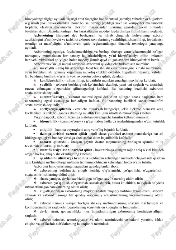 s qismi bo`lib, axborot himoyasi esa davlatning birlamchi prioritet masalalariga aylanmoqda. hozirgi kunda xavfsizlikning bir qancha yo`nalishlarini qayd etish mumkin. axborotning muhimlik darajasi qadim zamonlardan ma'lum. shuning uchun ham qadimda axborotni himoyalash uchun turli xil usullar qo`llanilgan. ulardan biri — sirli yozuvdir. undagi xabarni xabar yuborilgan manzil egasidan boshqa shaxs o`qiy olmagan. asrlar davomida bu san'at — sirli yozuv jamiyatning yuqori tabaqalari, davlatning elchixona rezidentsiyalari va razvedka missiyalaridan tashqariga chiqmagan. faqat bir necha o`n yil oldin hamma narsa tubdan o`zgardi, ya'ni axborot o`z qiymatiga ega bo`ldi va keng tarqaladigan mahsulotga aylandi. uni endilikda ishlab chiqaradilar, saqlaydilar, uzatishadi, sotadilar va sotib oladilar. bulardan tashqari uni o`g`irlaydilar, buzib talqin etadilar va soxtalashtiradilar. shunday qilib, axborotni himoyalash zaruriyati tug`iladi. axborotni qayta ishlash sanoatining paydo bo`lishi axborotni himoyalash sanoatining paydo bo`lishiga olib keladi. avtomatlashtirilgan axborot tizimlarida axborot o`zining hayotiy davriga ega bo`ladi. bu davr uni yaratish, undan foydalanish va kerak bo`lmaganda yo`qotishdan iboratdir. axborot …