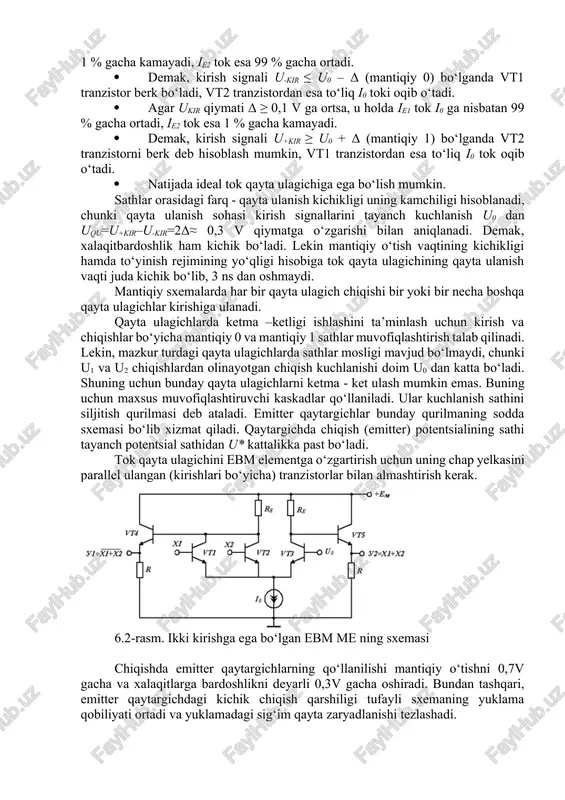 v. · agar ukir qiymati δ ≤ 0,1 v ga kamaysa, u holda ie1 tok i0 ga nisbatan 1 % gacha kamayadi, ie2 tok esa 99 % gacha ortadi. · demak, kirish signali u-kir ≤ u0 – δ (mantiqiy 0) bo‘lganda vt1 tranzistor berk bo‘ladi, vt2 tranzistordan esa to‘liq i0 toki oqib o‘tadi. · agar ukir qiymati δ ≥ 0,1 v ga ortsa, u holda ie1 tok i0 ga nisbatan 99 % gacha ortadi, ie2 tok esa 1 % gacha kamayadi. · demak, kirish signali u+kir ≥ u0 + δ (mantiqiy 1) bo‘lganda vt2 tranzistorni berk deb hisoblash mumkin, vt1 tranzistordan esa to‘liq i0 tok oqib o‘tadi. · natijada ideal tok qayta ulagichiga ega bo‘lish mumkin. sathlar orasidagi farq - qayta ulanish kichikligi uning kamchiligi hisoblanadi, chunki qayta ulanish sohasi kirish signallarini tayanch kuchlanish u0 dan uqu=u+kir–u-kir=2δ≈ 0,3 v qiymatga o‘zgarishi bilan aniqlanadi. demak, xalaqitbardoshlik ham kichik bo‘ladi. lekin mantiqiy …
